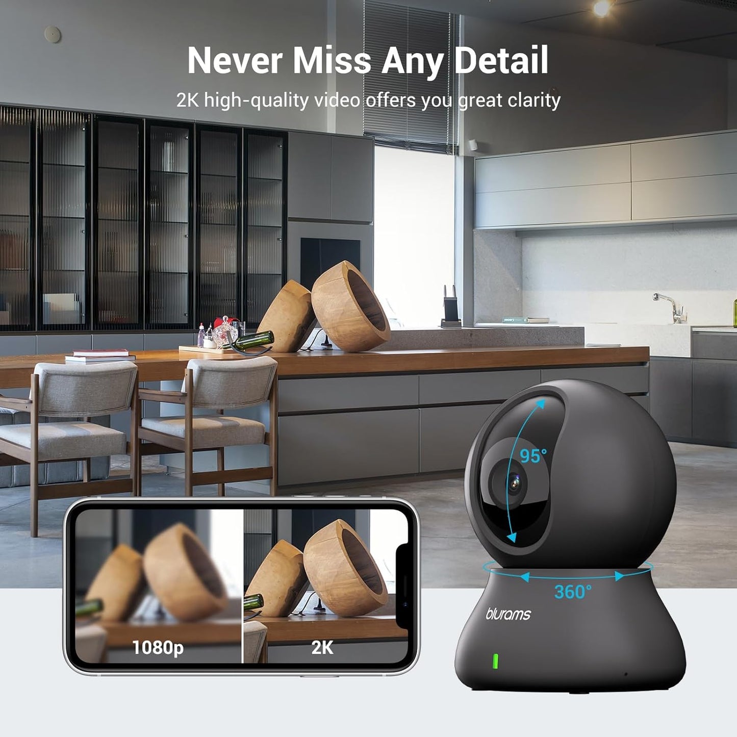 blurams Security Camera, 2K Indoor Camera 360-degree Pet Camera for Home Security w/ Motion Tracking, Phone App, 2-Way Audio, IR Night Vision, Siren, Works with Alexa & Google Assistant,White