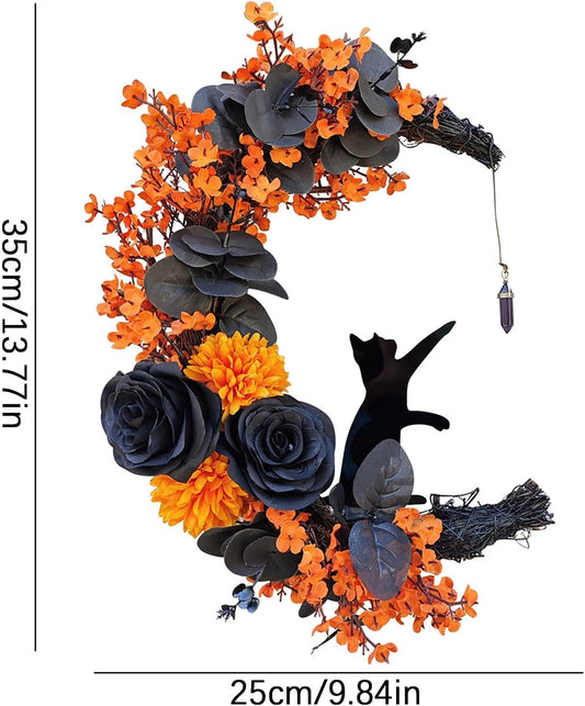 Moon Wreath,Halloween Wreaths for Front Door,Black Cat Crescent Moon Wreath with Lights,Halloween Decoration,Fall Door Wreath for Thanksgiving Autumn Indoor Outdoor Decor (Yellow) - PuriLite
