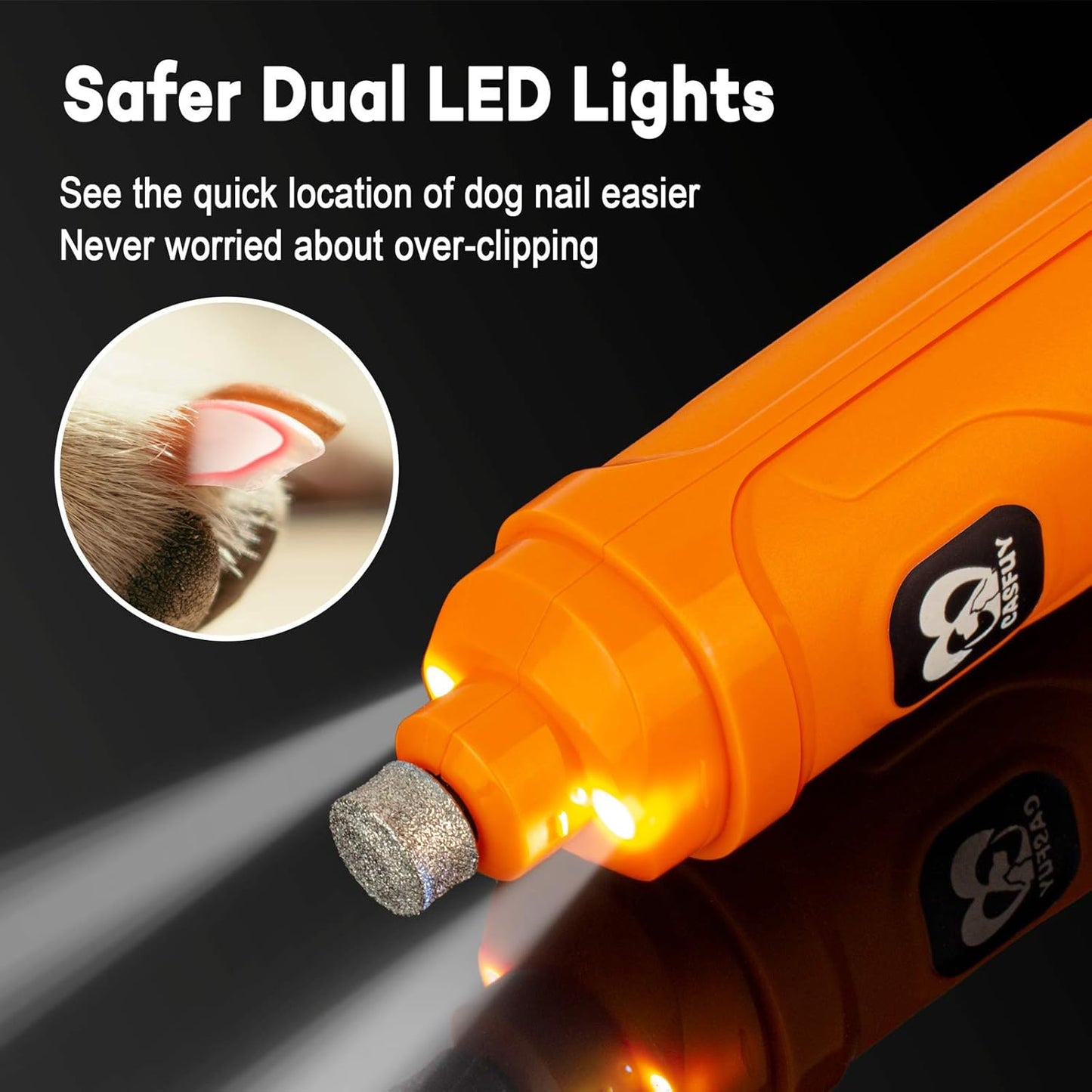 Casfuy Dog Nail Grinder with 2 LED Light-New Version 2-Speed Powerful Electric Pet Nail Trimmer Professional Quiet Painless Paws Grooming & Smoothing for Small Medium Large Dogs and Cats (Grey), 1 Count (Pack of 1)