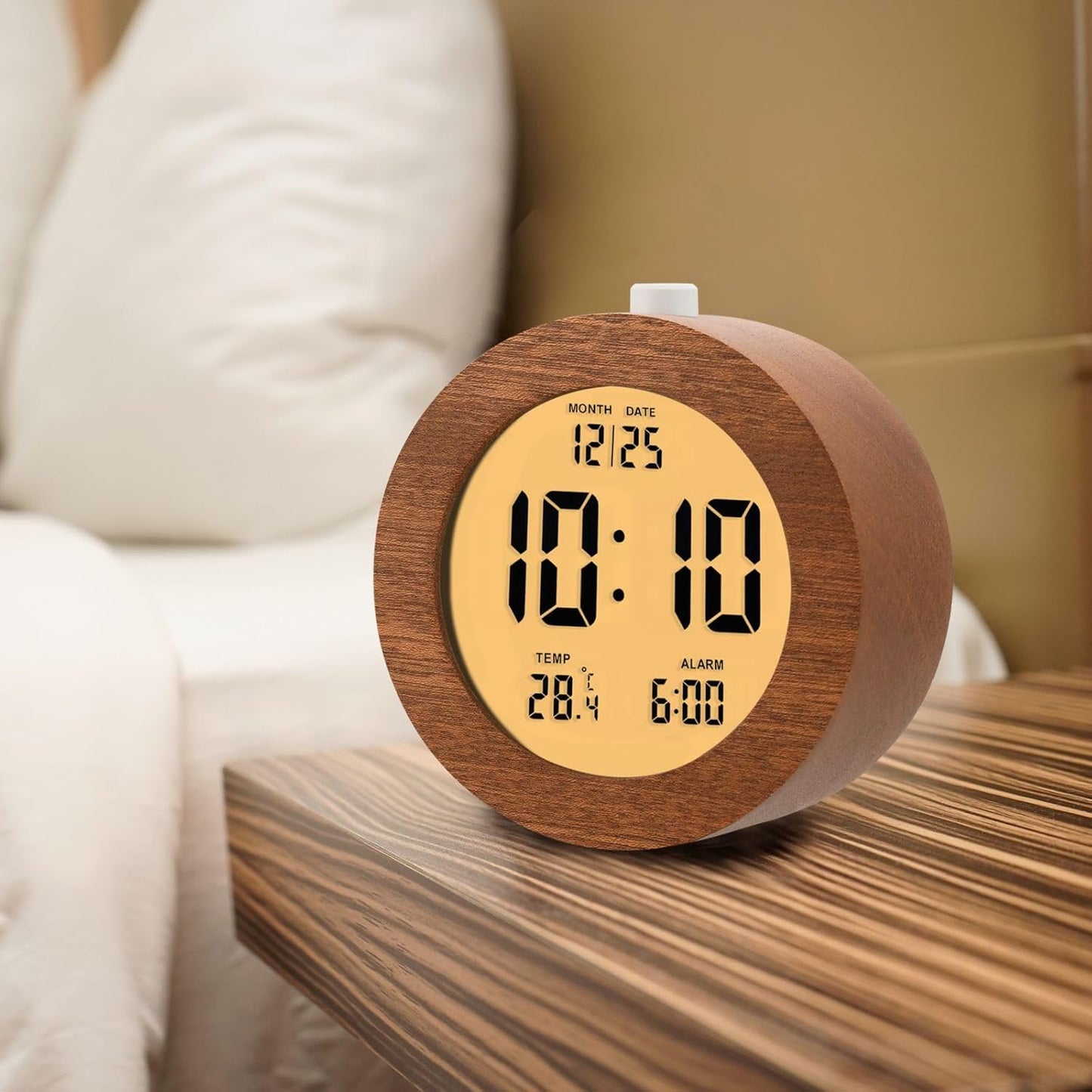 Plumeet Wooden Digital Alarm Clock for Bedrooms, Wood 4'' Battery Powered Alarm Clock with Snooze and Nightlight, Electronic LCD Desk Clock Display Time, Date, Temp, 12/24H, Wood Décor (Sapele, 3.2'')