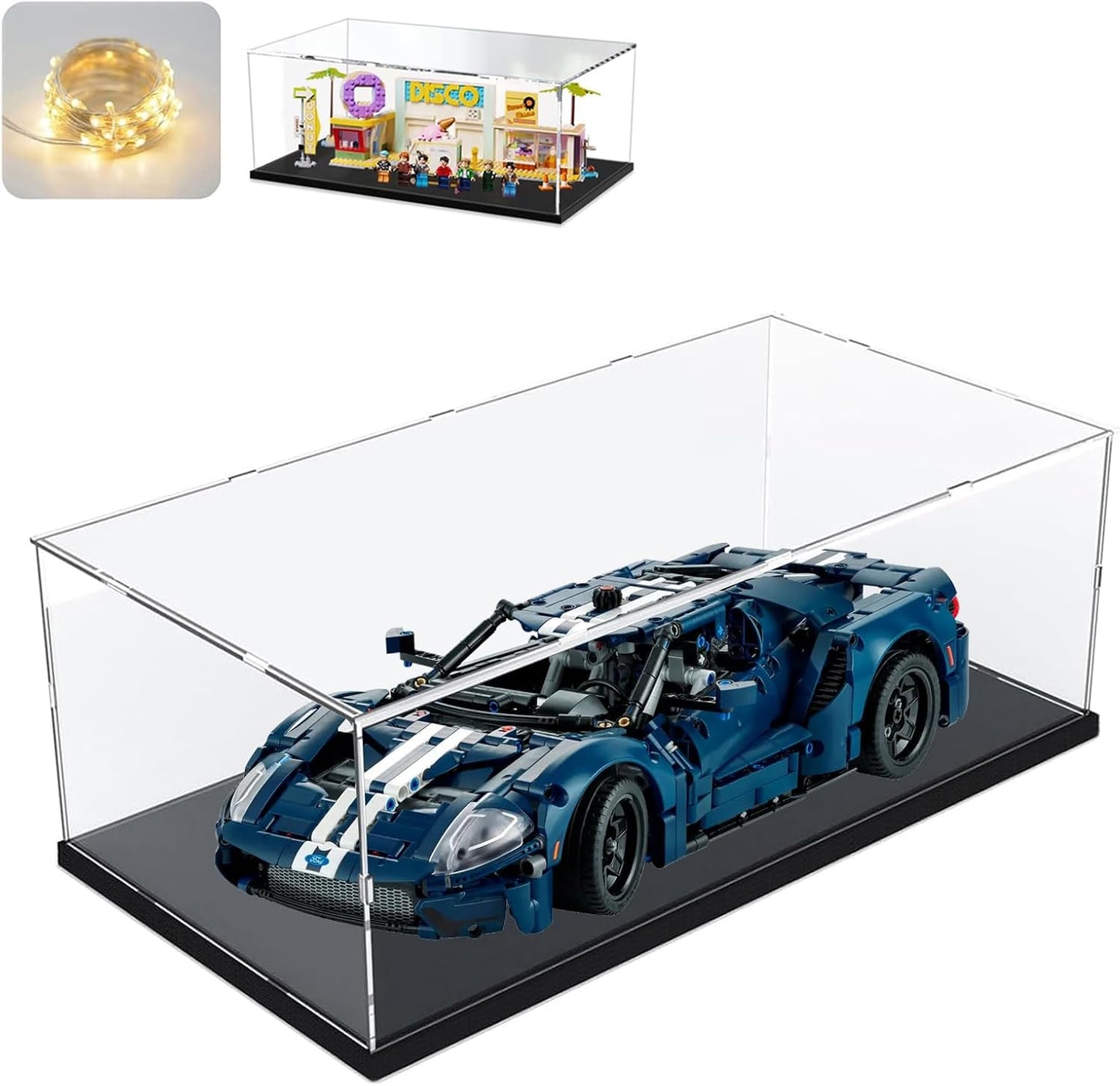 Thickened Clear Acrylic Display Case for Lego 10330 43268 76450 42170 10295 10353 Collectibles, Transparent Box Dustproof Protection with Wood-Plastic Base & String Light, Black Inside 40x20x20cm