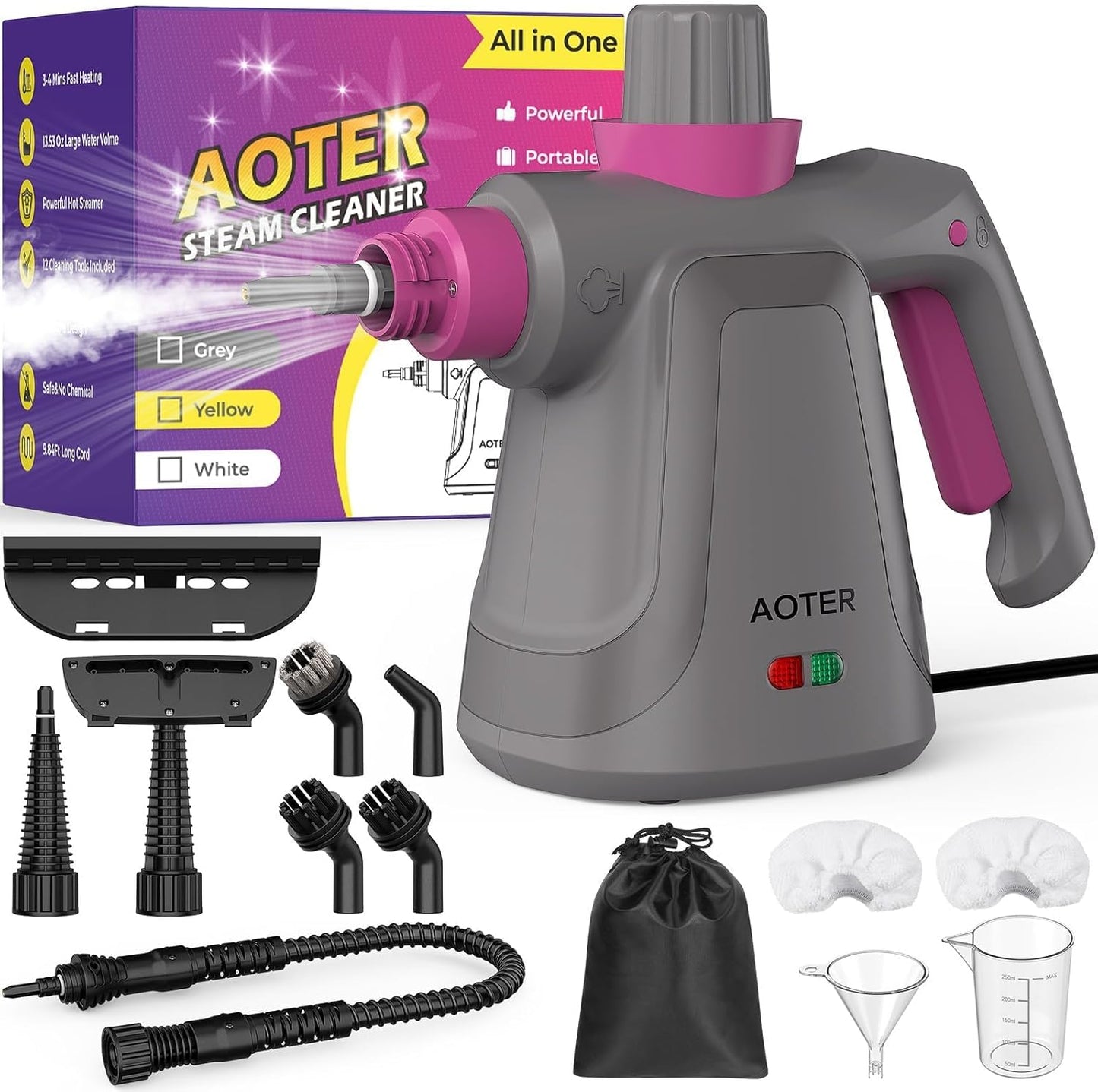 AOTER Pressurized Handheld Steam Cleaner, Portable Steam Cleaner Multipurpose for Home, Multi-Surface Steam Cleaner for Tile, Grout, Windows, Bathroom, Kitchen, Car Cleaning, with 12pcs Accessories
