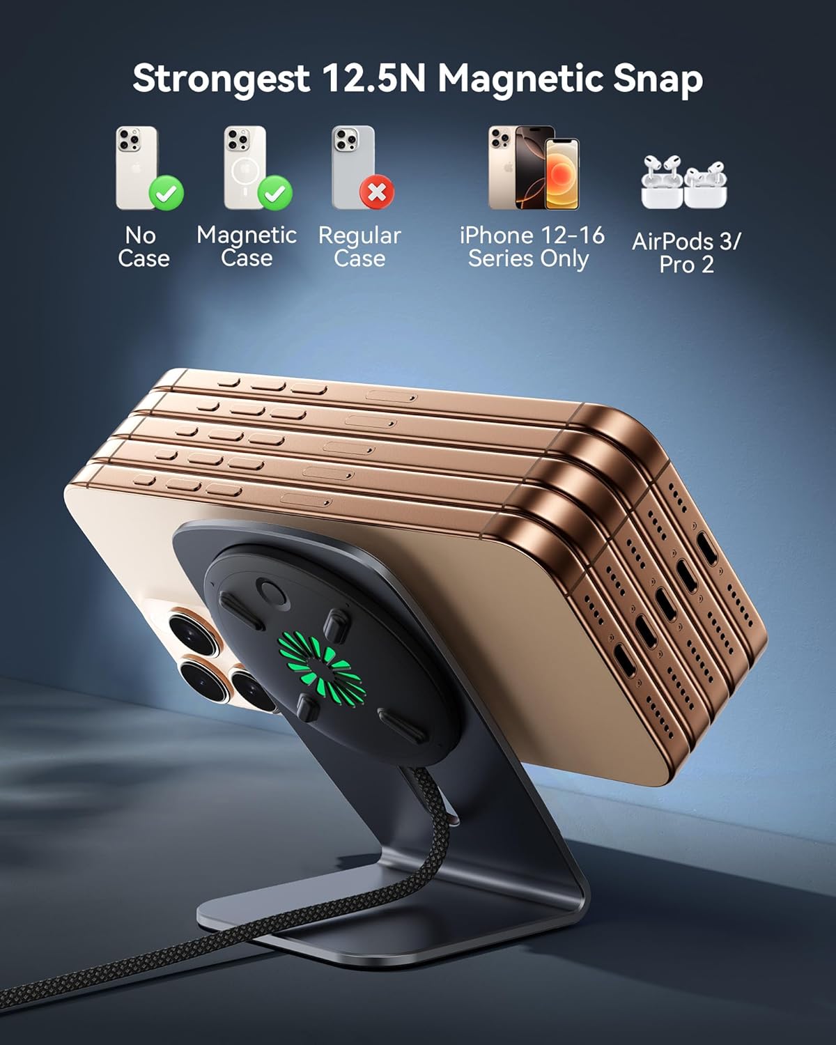 INIU Wireless Charger, 15W Fast Charging Magnetic Wireless Charger Stand, Travel Essential Wireless Charging Station with Sleep-Friendly Adaptive Light, for iPhone 16/15/14/13/12 Series, Airpods
