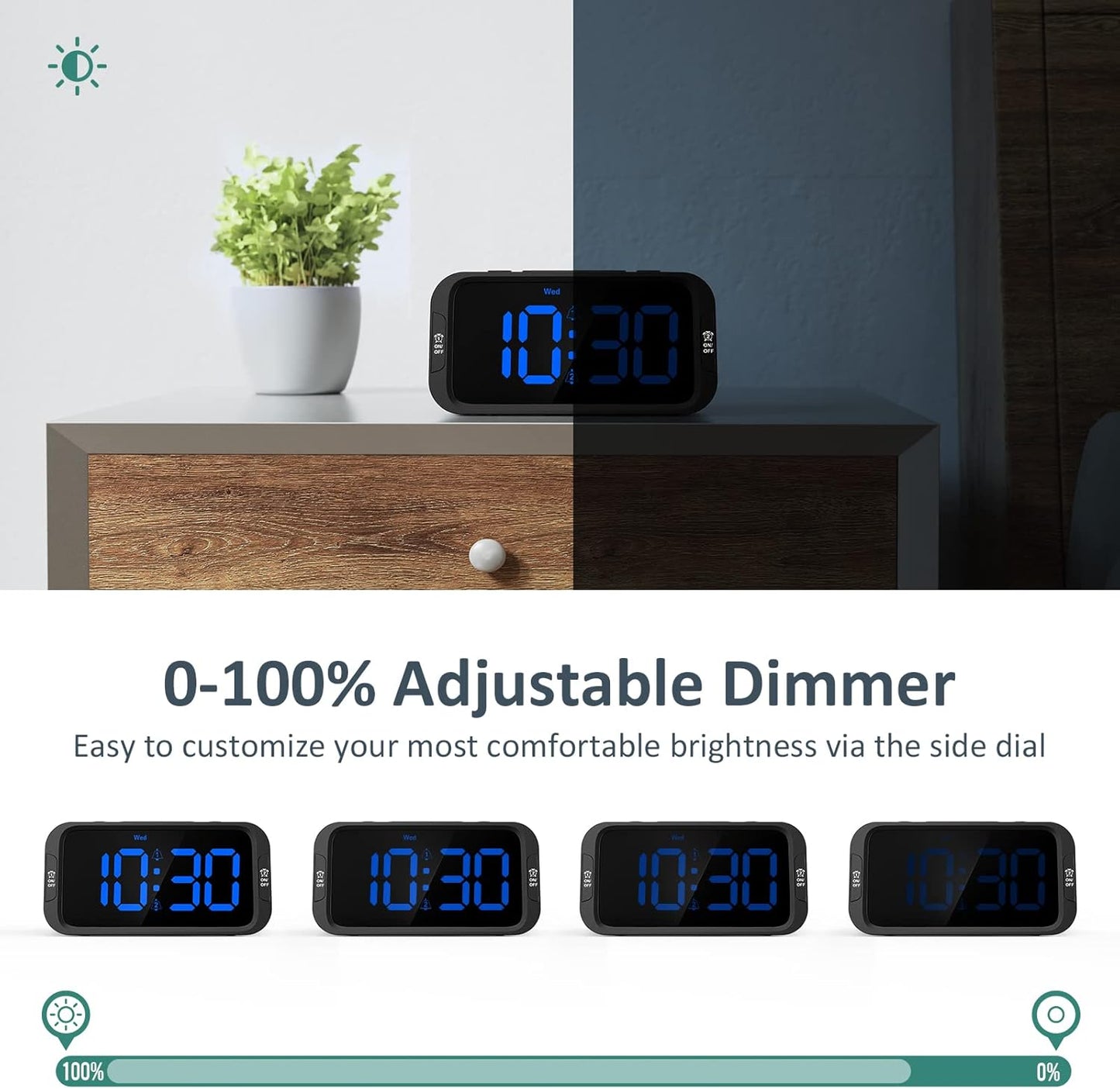 Odokee Digital Dual Alarm Clock for Bedroom, Easy to Set, 0-100% Dimmer, USB Charger, 5 Sounds Adjustable Volume, Weekday/Weekend Mode, Snooze, 12/24Hr, Battery Backup, Compact Clock for Bedside(Blue)
