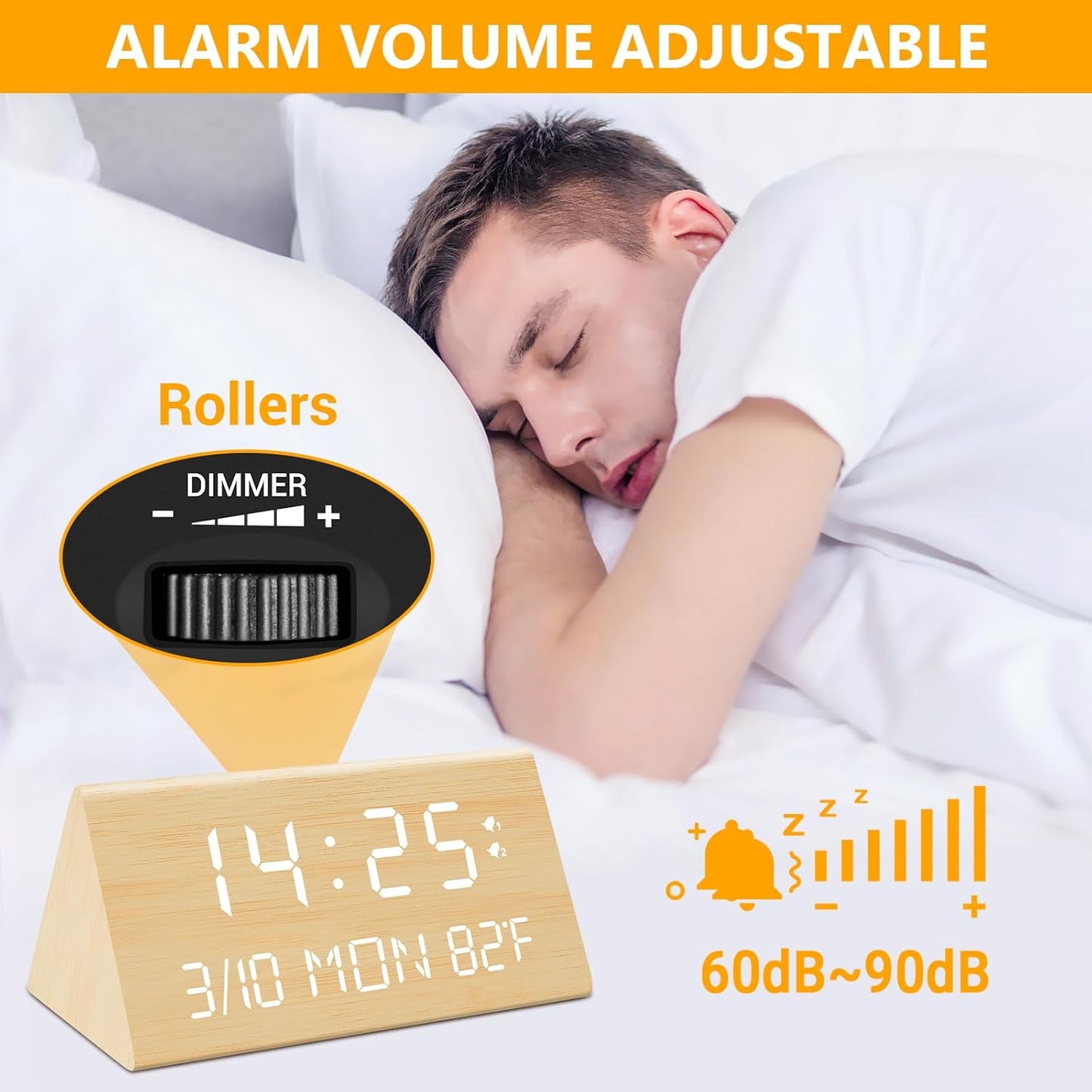 Kogonee Wooden Digital Alarm Clock, 0-100% Dimmer, 2 Alarm Settings, Weekday/Everyday Mode, 9 Mins Snooze, 12/24H, Temperature and Date Display for Office, Travel, Bedroom Alarm Clock (White)