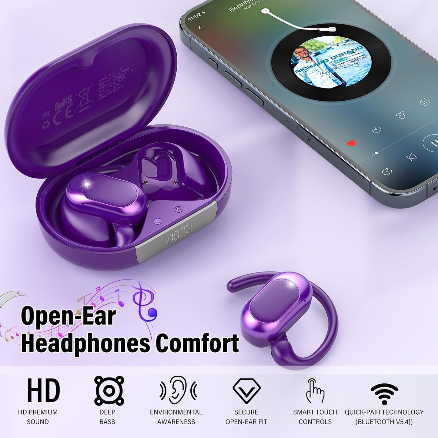 Open Ear Headphones, Bluetooth 5.4 Earphones 36H Playtime Air Conduction Headphones with Mic, Adjustable Earhook Earbuds with ENC Clear Calls/LED Display, IPX7 Waterproof Open Ear Earbuds Dark Purple