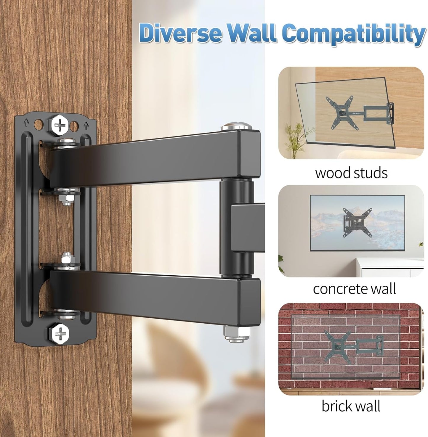 Full Motion Articulating TV Wall Mount Bracket with Swivel Tilt Extension & Rotation, Adjustable Arms for 13-42 Inch Flat/Curved LED LCD TVs & Monitors, Max 44lbs VESA 200x200mm