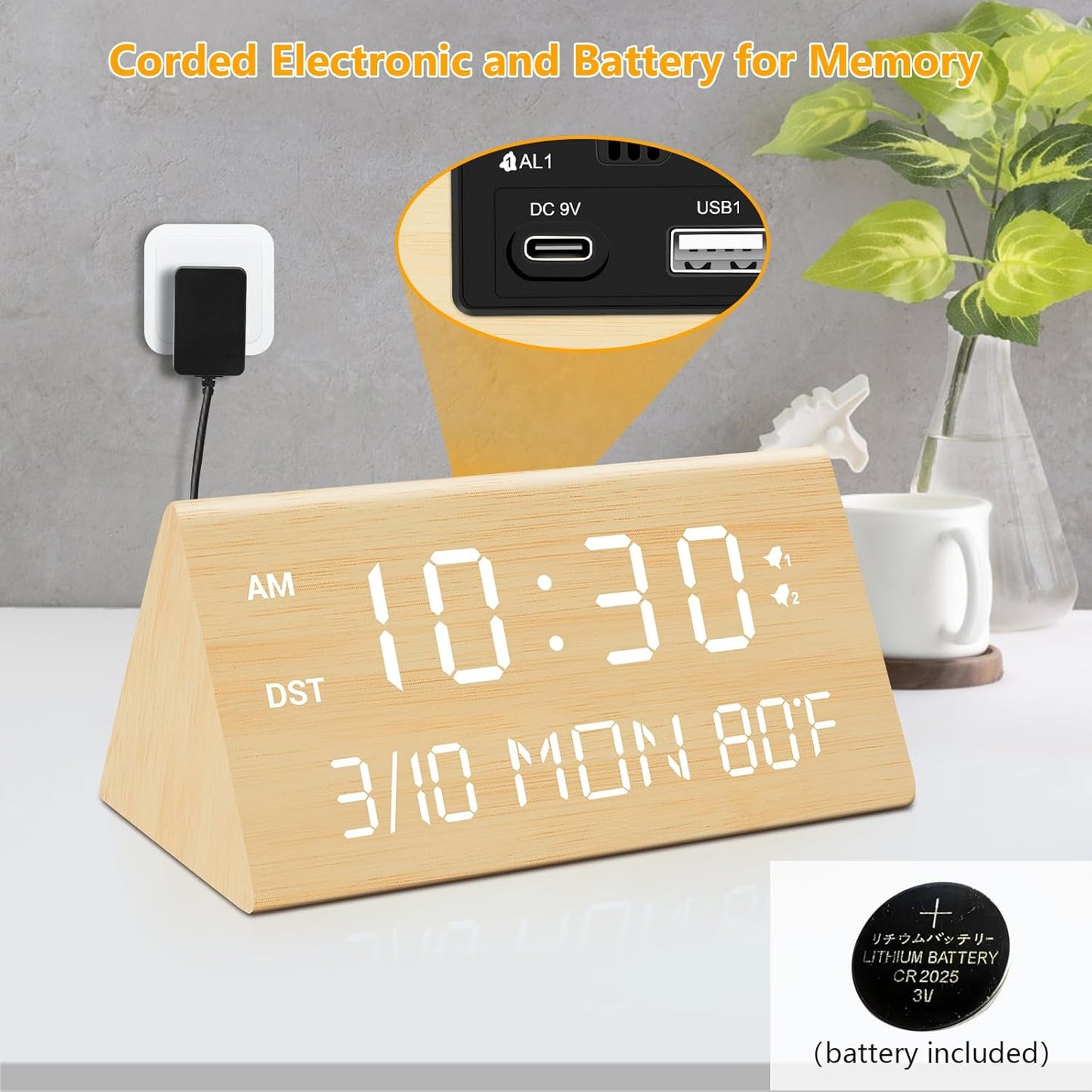 Kogonee Wooden Digital Alarm Clock, 0-100% Dimmer, 2 Alarm Settings, Weekday/Everyday Mode, 9 Mins Snooze, 12/24H, Temperature and Date Display for Office, Travel, Bedroom Alarm Clock (White)