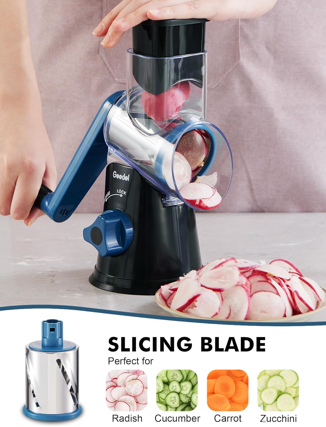 Geedel Kitchen Cheese Grater, Rotary Mandoline Vegetable Slicer with Interchangeable Blades, Easy to Use Rotary Grater Slicer for Fruit, Vegetables, Nuts