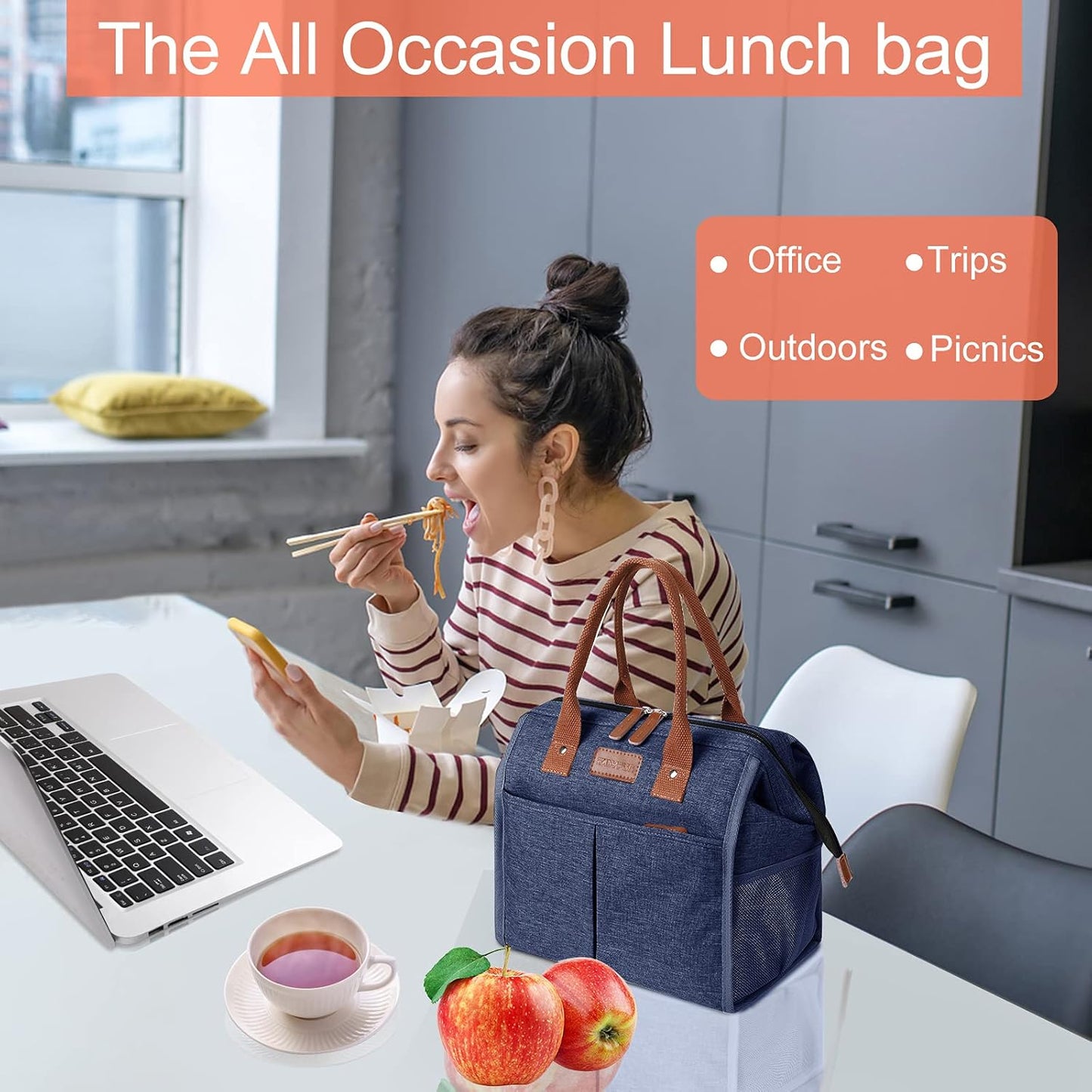 Lunch Bag for Women & Men, Insulated Lunch Box Cooler Tote Bags, Adult Reusable Lunch Boxes with Water Resistant for Work, Travel and Picnic (Grey)