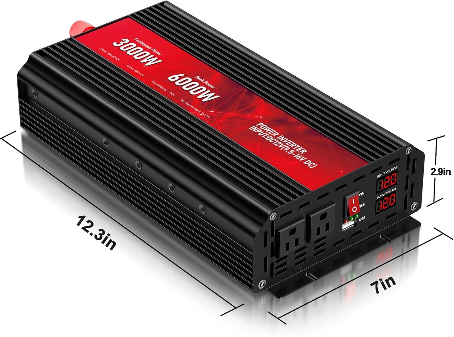 3000W Power Inverter,12V DC to AC 110V120V Peak Power 6000W with 2AC Outlets and 2.4USB Port,LCD Display Car Inverter for Outdoor Activities,Emergency