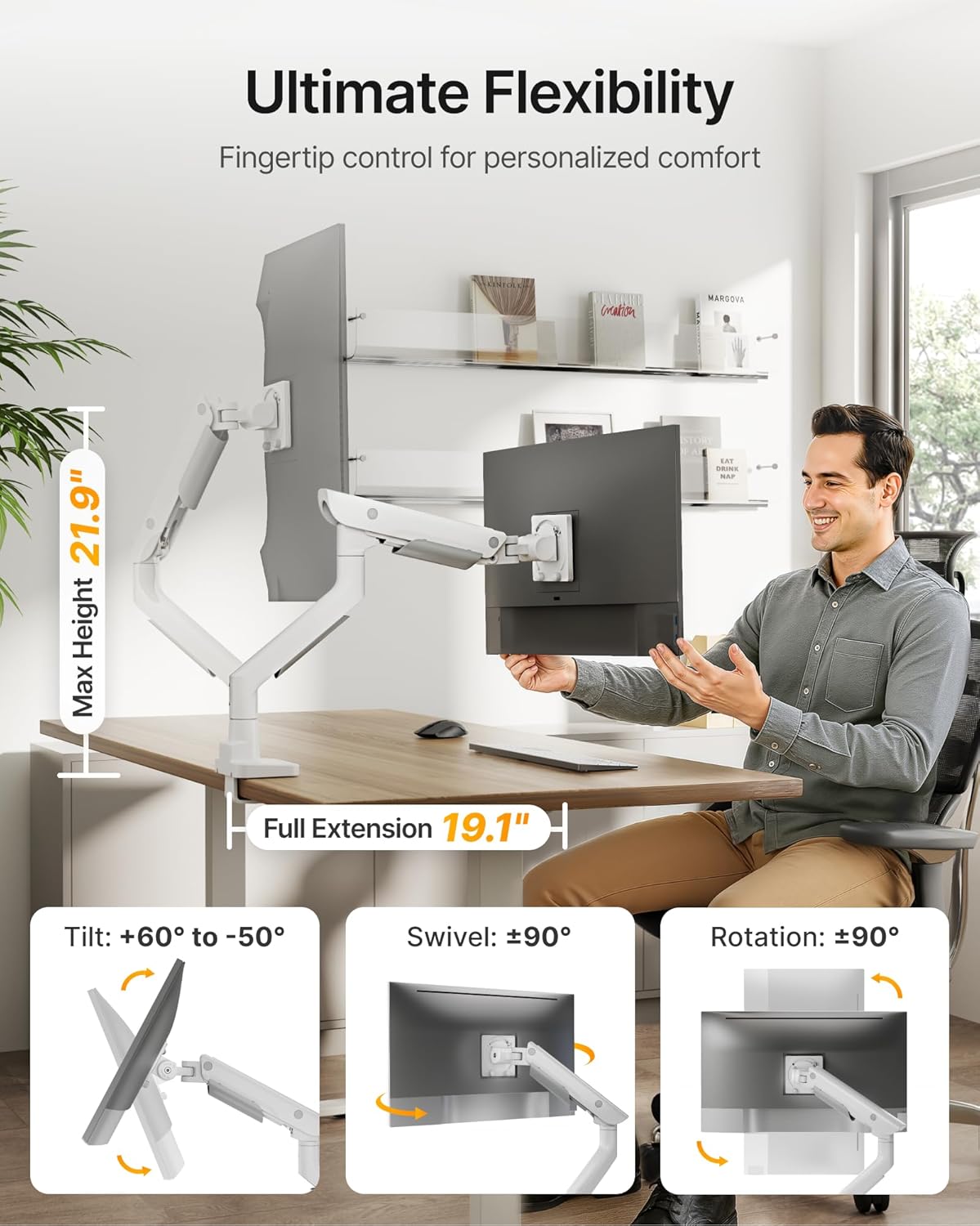 monTEK Premium Aluminum Monitor Arm for 17–57” Ultrawide Screens up to 59 lbs, USB 3.0 Single Desk Mount with Adjustable Gas Spring, Quick-Release Plate, 10-Min Assembly, Clamp/Grommet, VESA 100x100