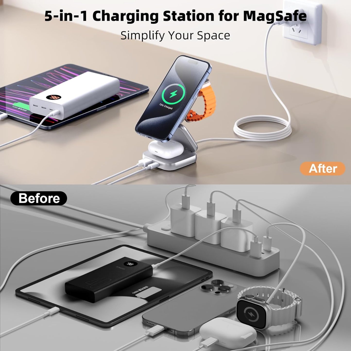 5-in-1 Wireless Charger for Magsafe, AC ISLAND Aluminum Travel Charging Station for Apple, 15W Snap Magnetic Multi Charging Stand Dock for iPhone 16/15/14/13 Apple Watch AirPods (with 35W GaN Adapter)