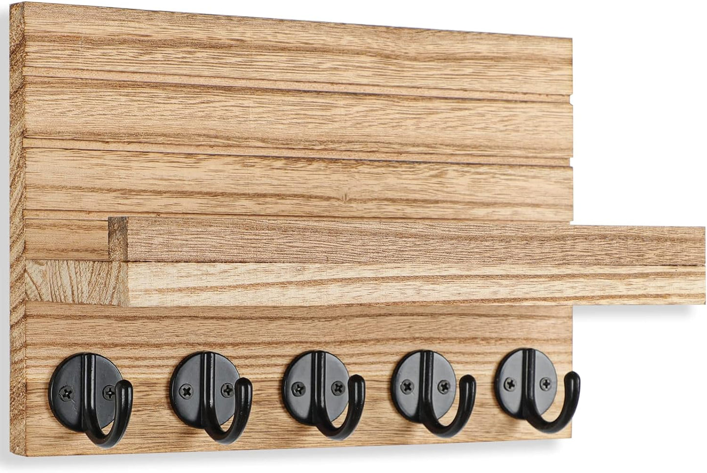 Lwenki Key Holder for Wall, Decorative Key and Mail Holder with Shelf Has Large Key Hooks for Bags, Coats, Umbrella – Paulownia Wood Key Hanger with Mounting Hardware (Black)