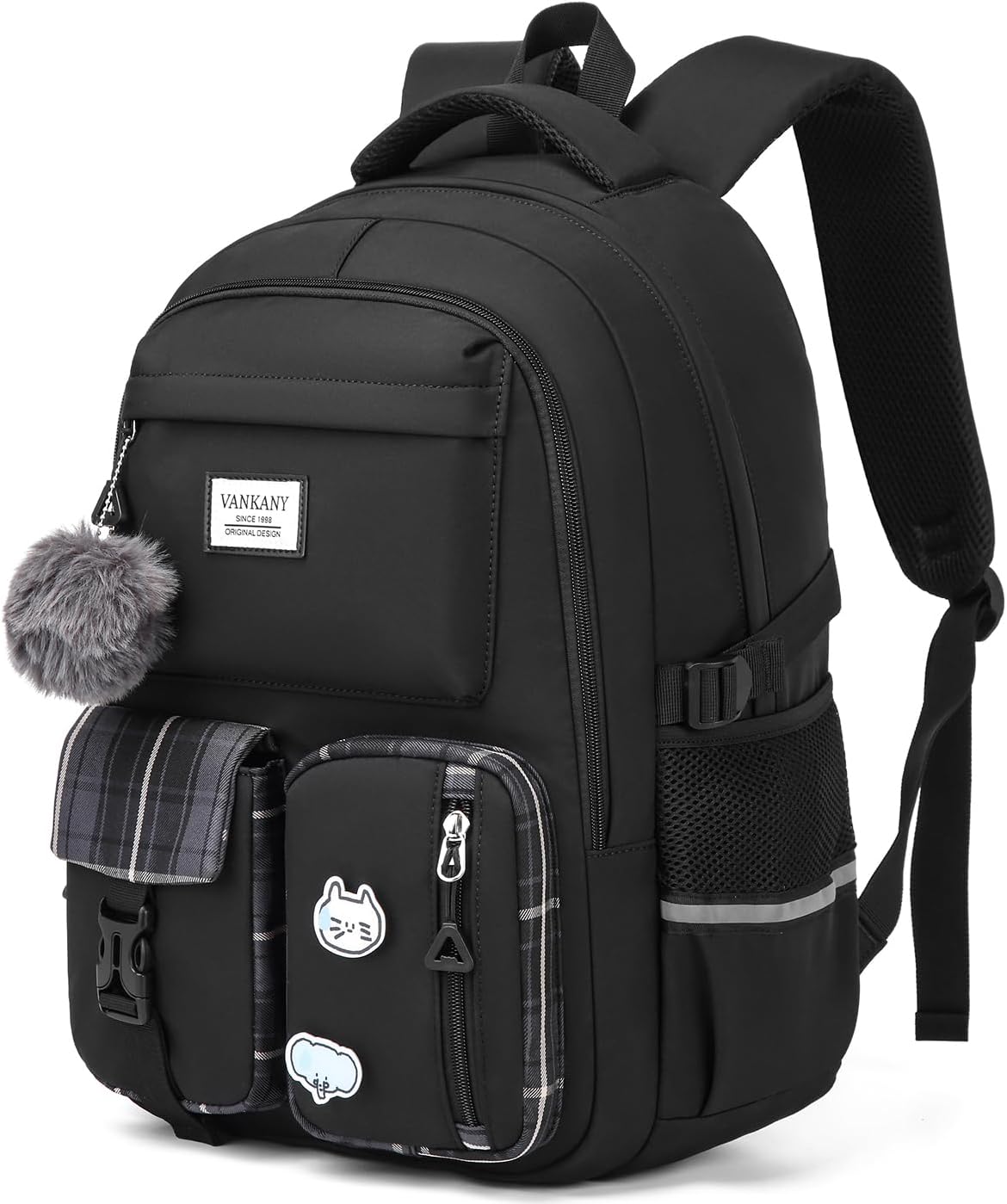 VANKANY School Backpack for Teen Girls, College Women Student Laptop Backpack Aesthetic Bookbags for Elementary Middle High School Travel Sac a Dos Femme, Black
