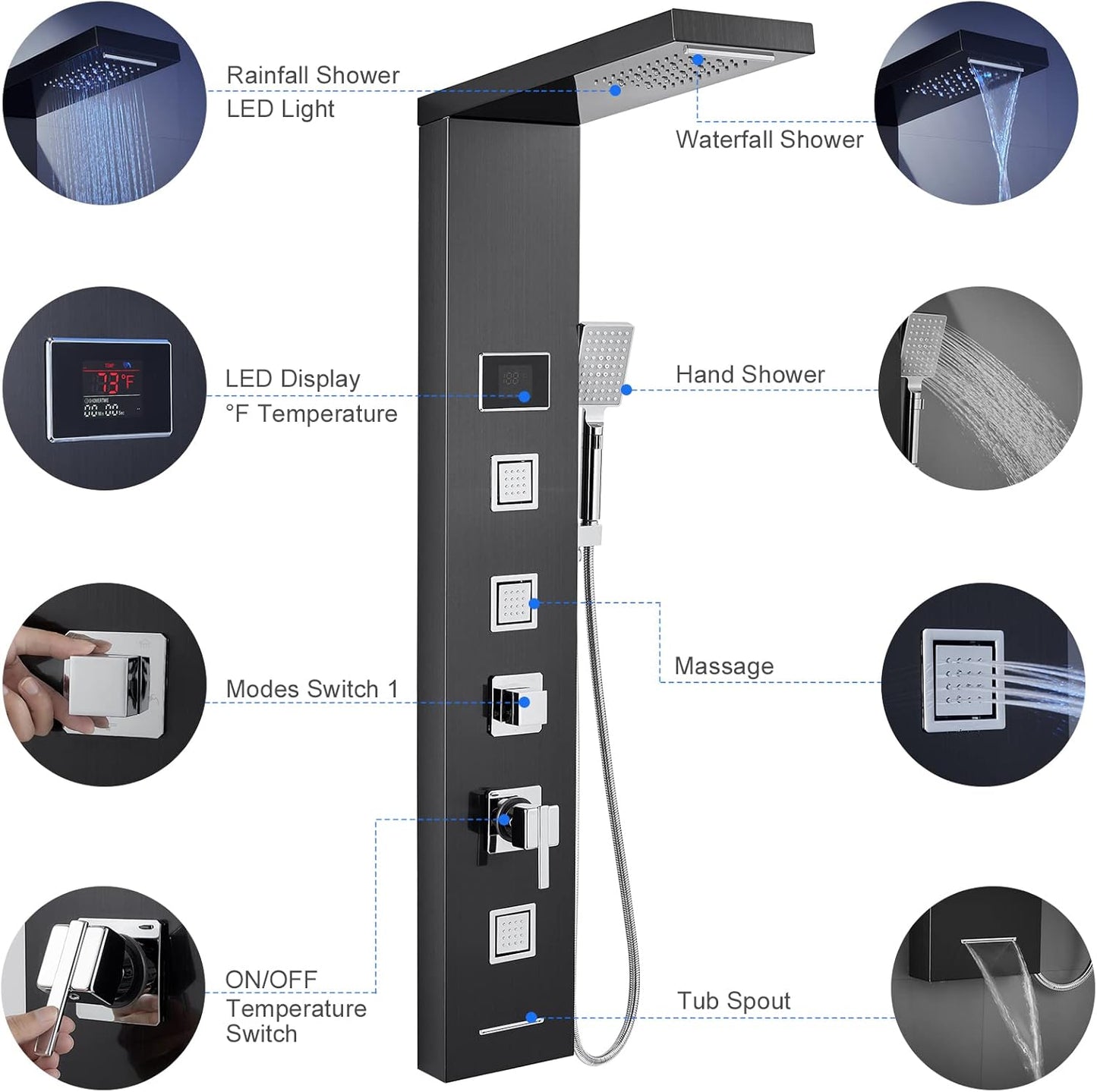 LED Shower Panel Tower System Black, MENATT 304 Stainless Steel 5-Function Shower Panel Rainfall Waterfall Shower Rain Massage System with Body Jets