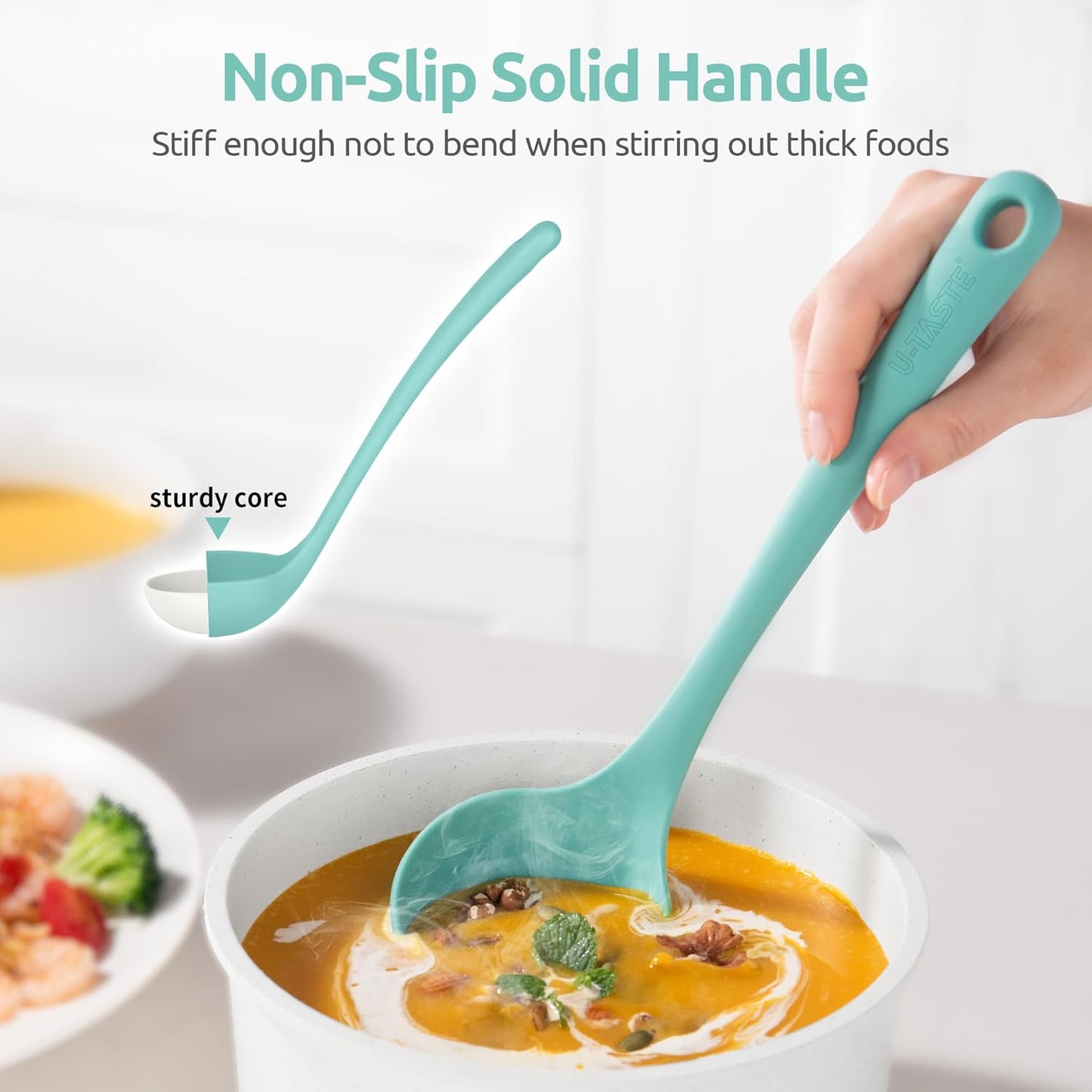 13 inch Silicone Soup Ladle: U-Taste 600ºF Heat Resistant 4 oz Large Non-Stick Seamless Rubber Kitchen Deep Serving Spoon with Non-Slip Solid Long Handle for Cooking Sauce/Stews/Gravies/Chili(Purple)