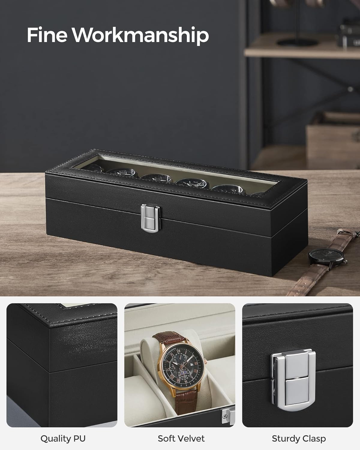 SONGMICS Watch Box, 6-Slot Watch Case, Watch Box Organizer, Black Synthetic Leather, Greenish Gray Lining UJWB06BK