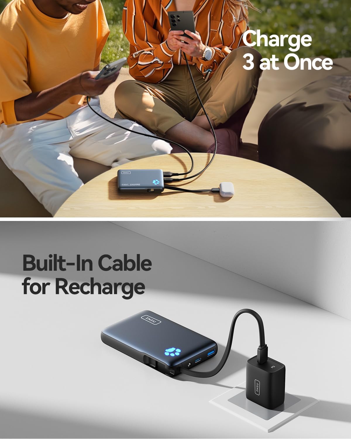 INIU Portable Charger, Ultra Slim 10000mAh PD 20W Power Bank with Built-in Cable, External Phone Powerbank Compatible with iPhone 15/14/13/12/11, Samsung S22/S21, Google, AirPods, iPad, etc.
