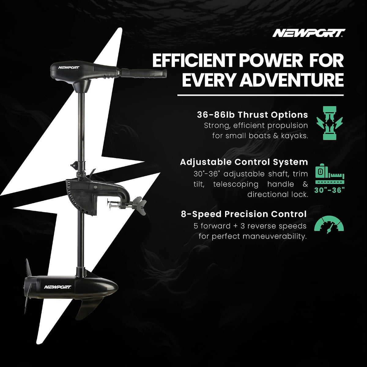 Newport Vessels NV-Series 46lb Thrust Saltwater Transom Mounted Trolling Electric Trolling Motor w/ LED Battery Indicator & 30" Shaft