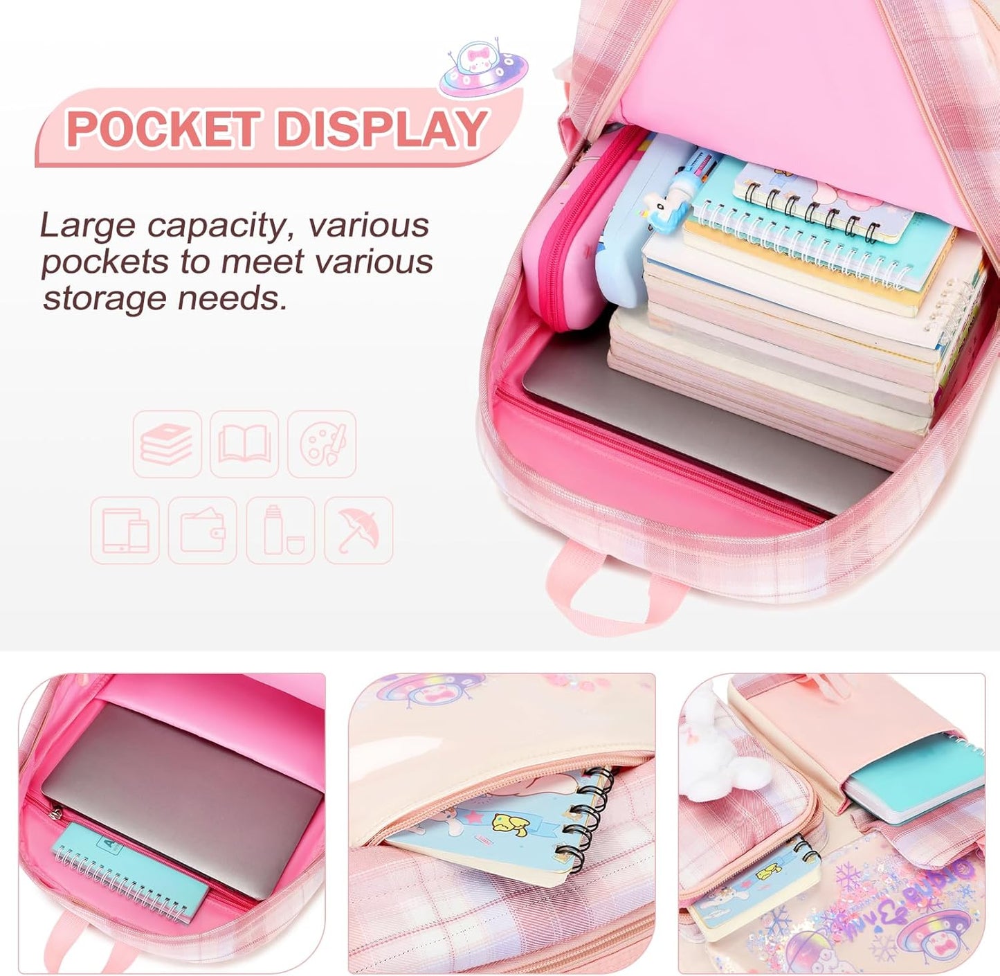 FIXITOK Girls Backpack Set, 3PCS Kids Backpack for Girls, Kawaii Bunny School Backpacks for Girl Kindergarten Elementary Preschool Middle School Bags with Lunch Box Pencil Case Aquamarine
