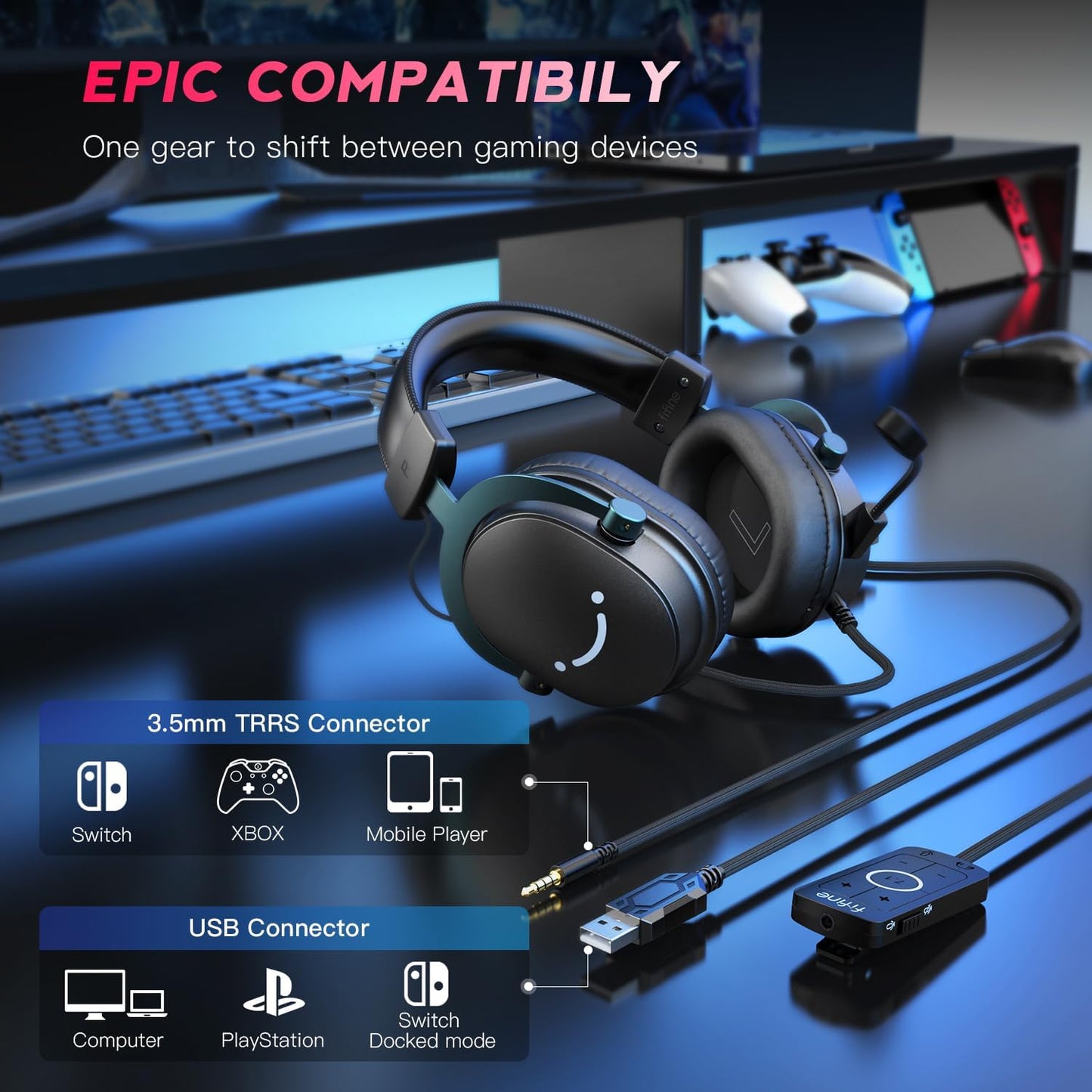 Fifine PC Gaming Headset with USB/3.5mm Jack for Laptop Computer, Over Ear Wired Headphones with 7.1 Surround Sound, Detachable Microphone, Volume Control, Noise Cancelling for PS5/Xbox/Switch-H9