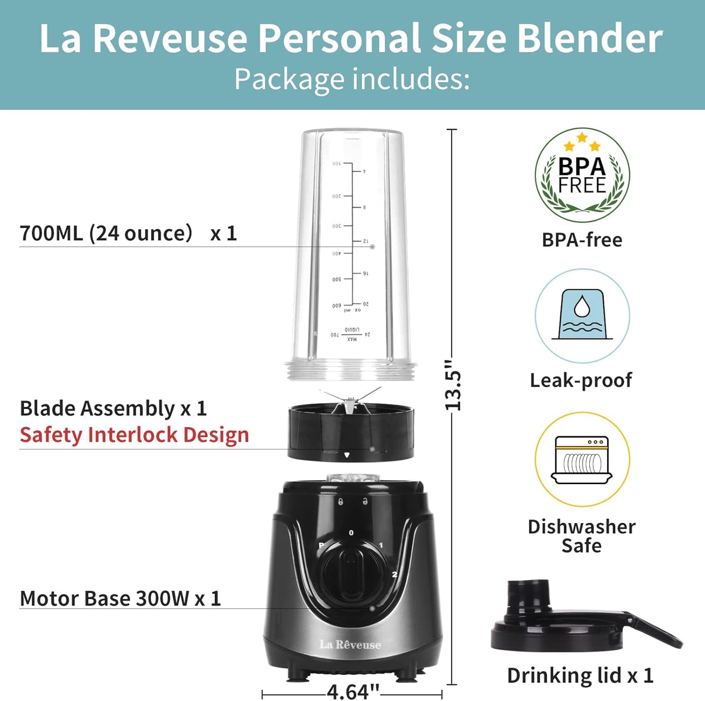 La Reveuse Personal Size Smoothies Blender 300 Watts with 24 oz BPA Free Portable Travel Sports Bottle (Grey)