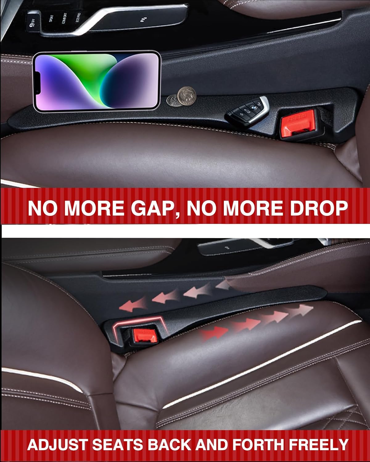 MBERFITU 2 Pack Car Seat Gap Filler Organizer, PU Leather Seat Crevice Blocker Fill The Gap Between Seat and Center Console Stop Things from Dropping (Updated Version) - PuriLite