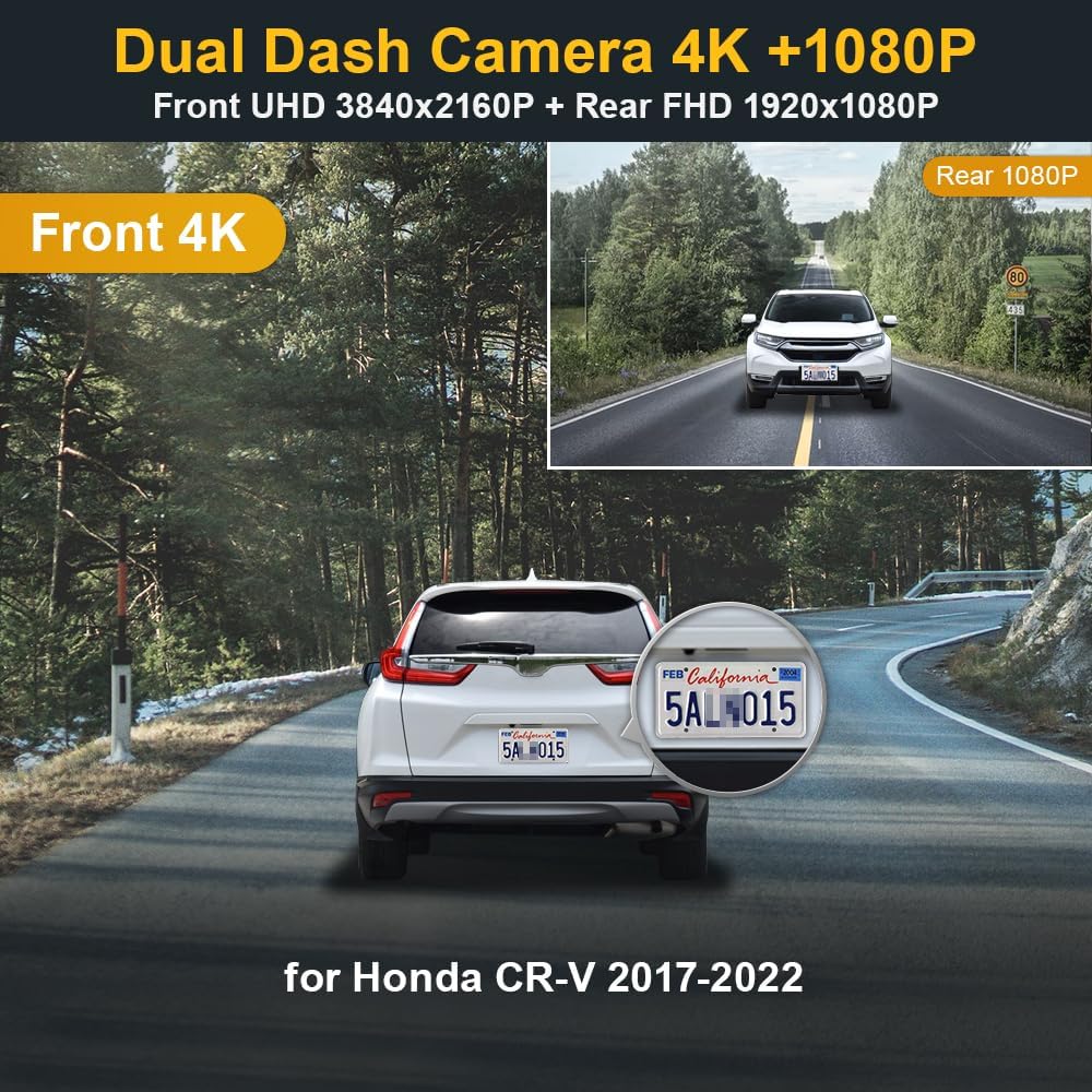 Fitcamx 4K Dash Cam 2160P Front and Rear 1080P Suitable for Honda CR-V LX EX EX-L Touring 2022 2021 2020 2019 2018 2017 (Gen5), OEM Look, 2160P+1080P HD Video WiFi, Loop Recording G-Sensor, 128GB Card