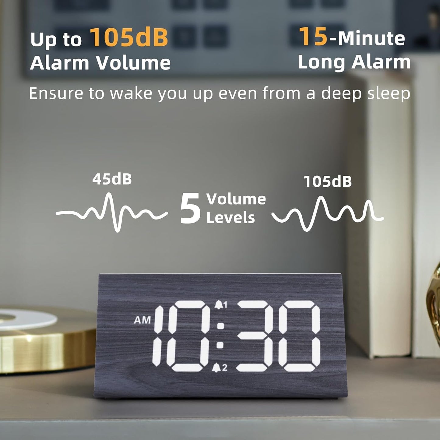 Odokee Wooden Digital Alarm Clock for Bedroom: Electric Desk Clock with Large LED Display - Brown