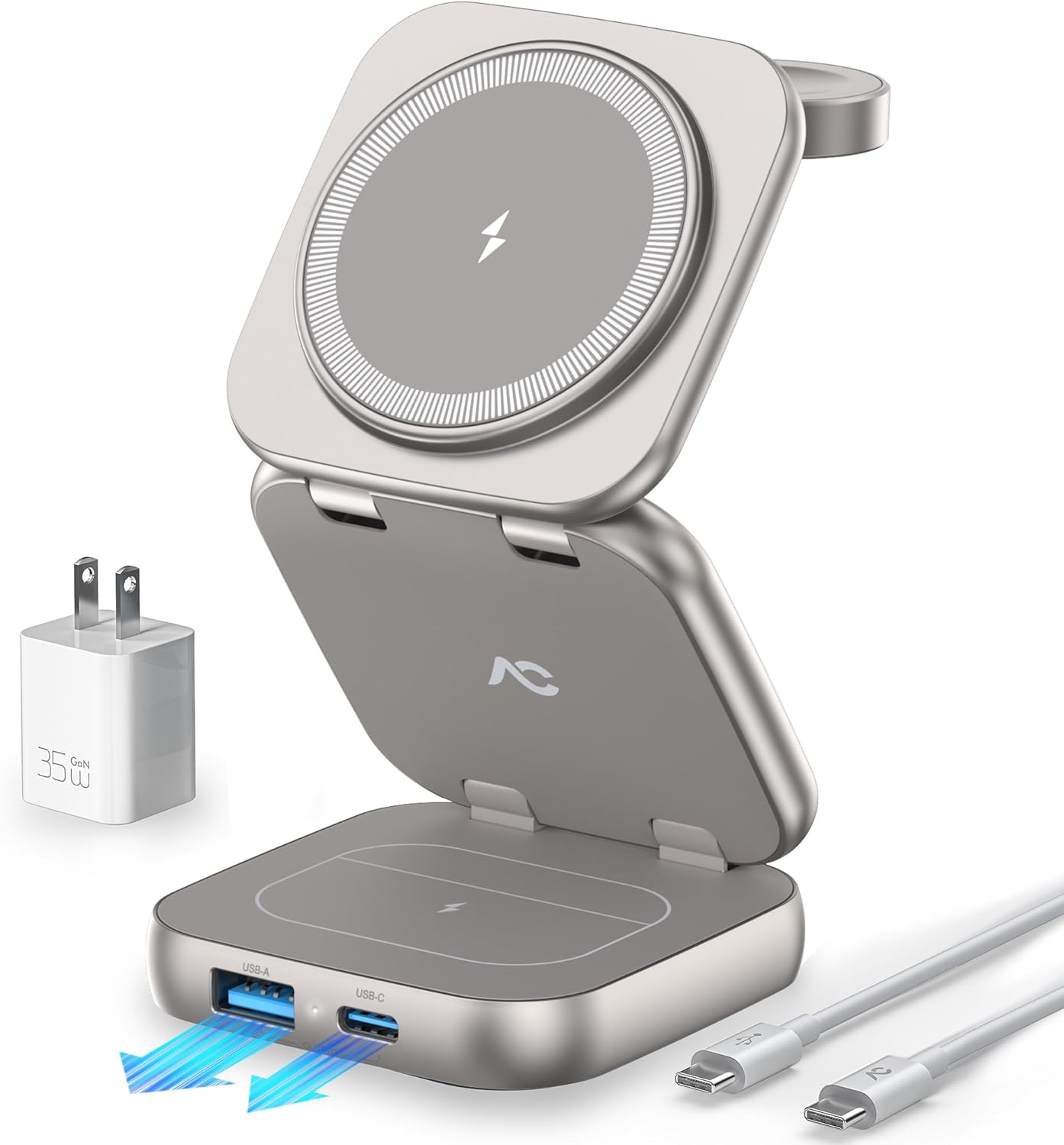 5-in-1 Wireless Charger for Magsafe, AC ISLAND Aluminum Travel Charging Station for Apple, 15W Snap Magnetic Multi Charging Stand Dock for iPhone 16/15/14/13 Apple Watch AirPods (with 35W GaN Adapter)
