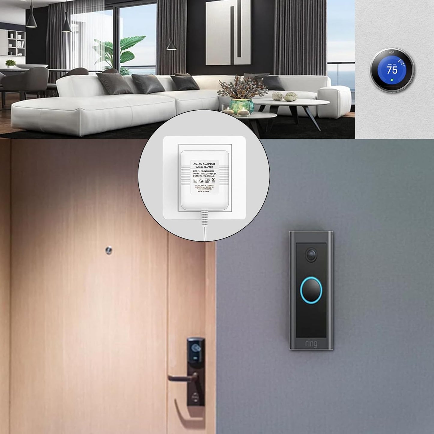 24V 500mA Power Adapter,Extra Long 26ft Extension Cabel Doorbell Transformer for Nest Ecobee Sensi,Honeywell,Ring Video Doorbell,Wyze Doorbell,Eufy Pro Cam,Power Supply