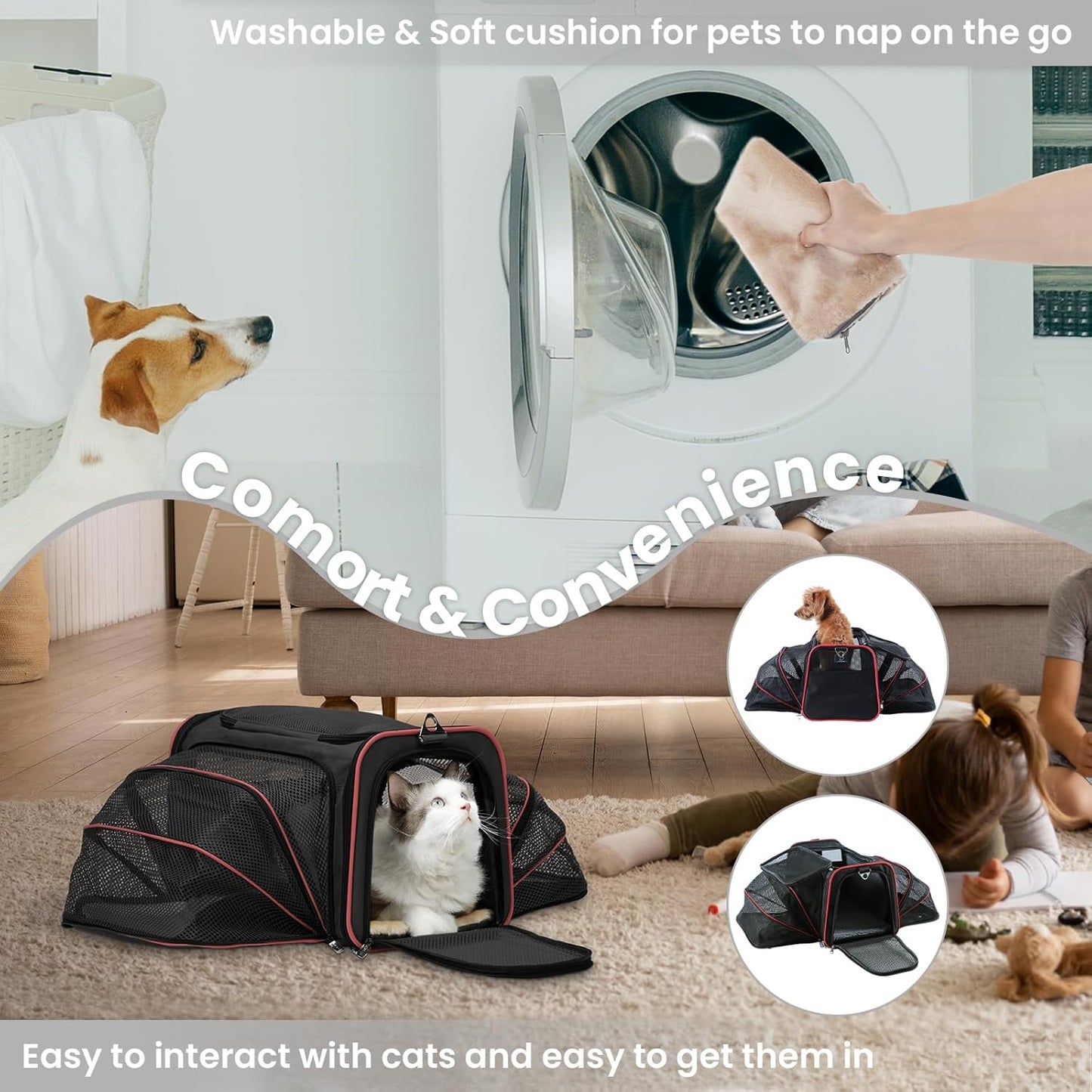 Petsfit Expandable Cat Dog Carrier Airline Approved, 17" L x 11" W x 11" H Soft-Sided Portable Pet Travel Carrier for Kitten, Puppy, Removable Soft Plush Mat and Pockets, Auto-Locking Zippers