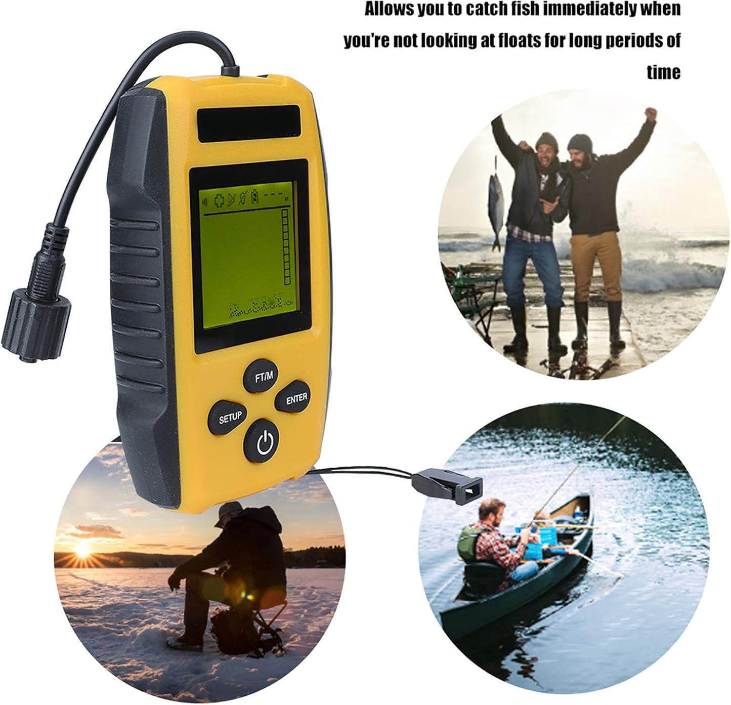 Fish Finder, Portable Fishing Kayak Fishfinder Handheld Fish Depth Finder with Sonar Sensor Transducer and LCD Display Fish Detector Device for Fishing