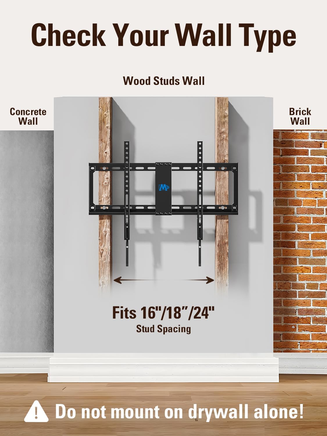 Mounting Dream Fixed TV Mount Low Profile for Most of 42-84 Inches TV Low Profile TV Wall Mount fits 16" 18" 24" Wood Studs up to VESA 600 x 400mm and 132 LBS, Ultra Slim and Space Saving MD2163-K