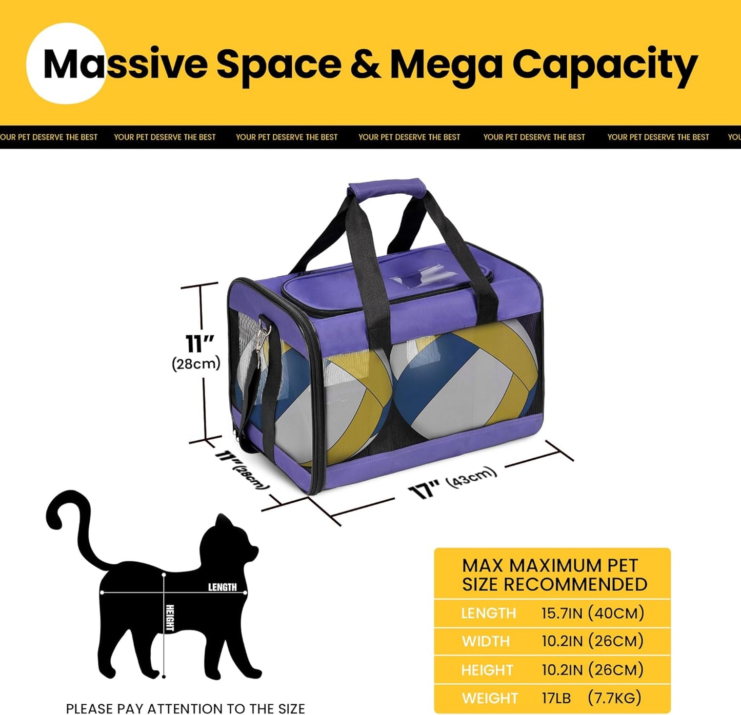 Conlun Cat Carrier Airline Approved, Soft-Sided Dog Carrier with Inner Safety Leash, Pet Transport Carrier for Small-Medium Cats Puppies up to 15 Lbs, Collapsible Travel Kitten Carrier Bag -Black M