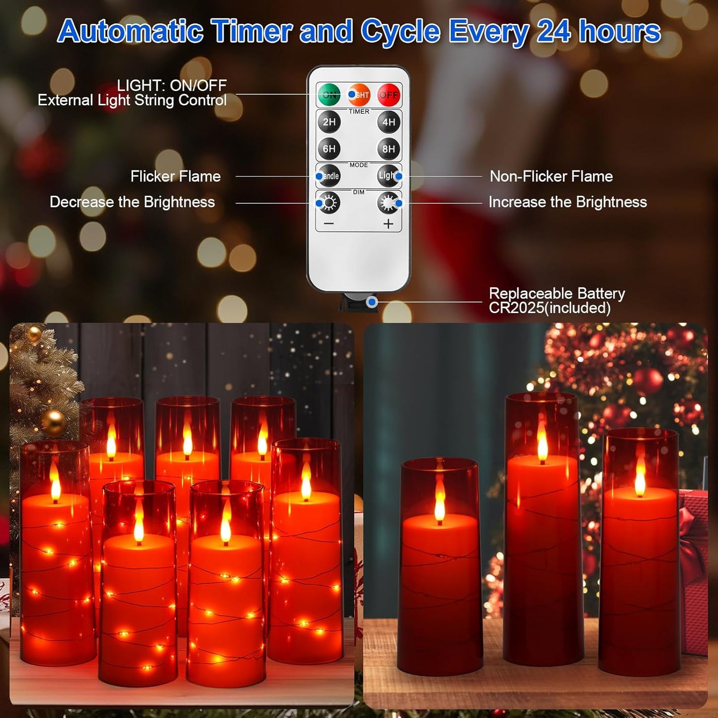 Liomus Flickering Flameless Candles, LED Pillar Canldes with String Light, Battery Operated Remote Control Timer Flameless Candles (D2.3 x H5 6 7in) for Wedding Christmas Home Decor - A Set of 7 - Red