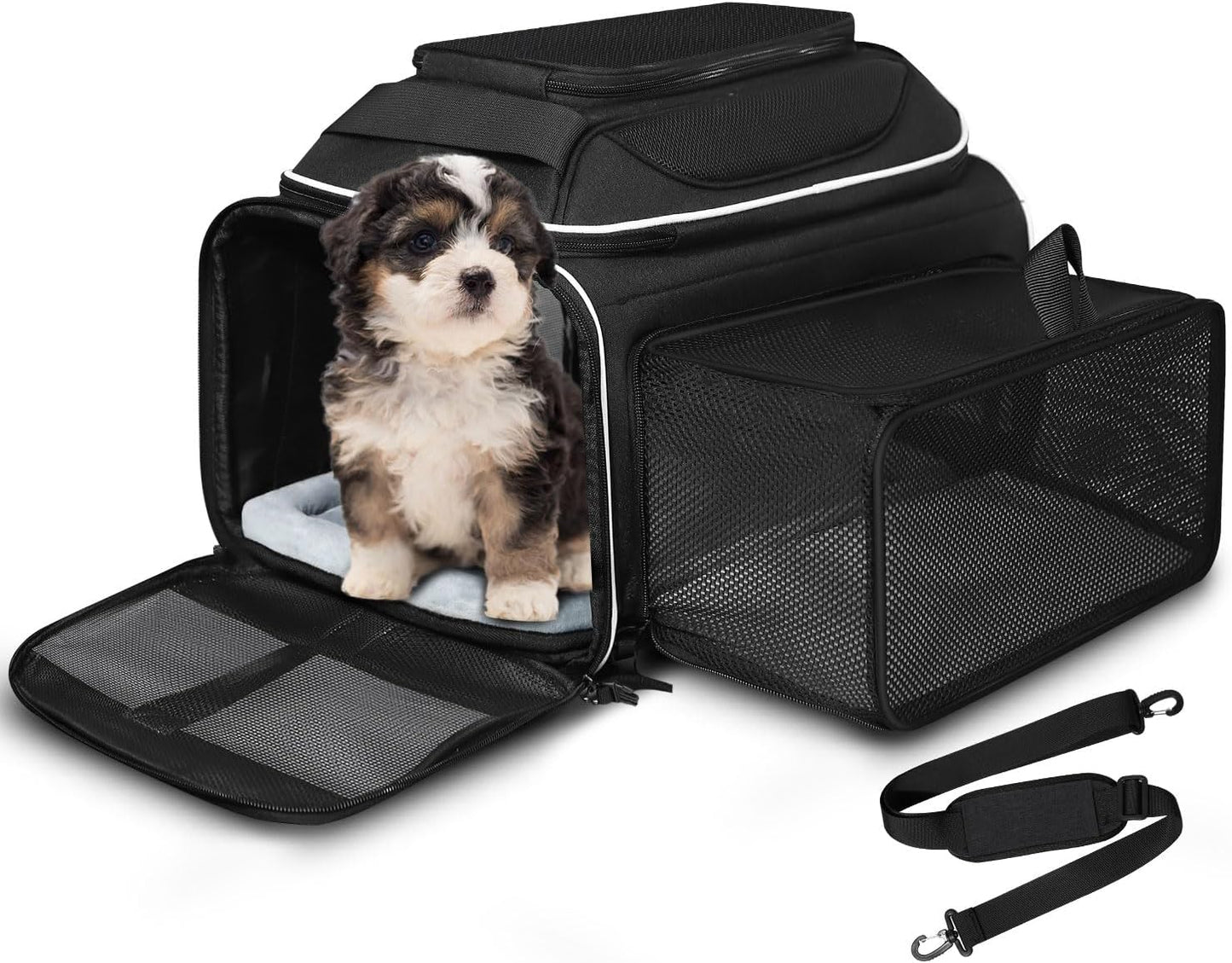 Petskd Top and Side Expandable Pet Carrier 17x12x8.5 Inches JetBlue Frontier Spirit Airline Approved, Soft-Sided Carrier for Small Cats and Dogs with Locking Safety Zipper and Anti-Scratch Mesh(Black)
