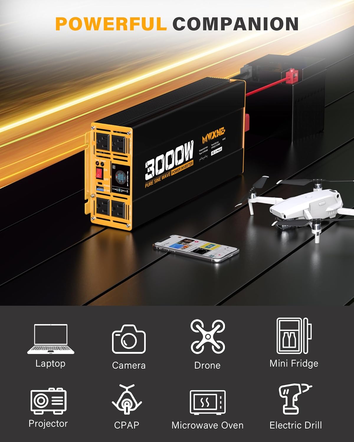 MWXNE 2000W Pure Sine Wave Inverter 12V DC to 110V 120V AC Car Converter for RV Truck Off-Grid Solar Power Inverter with 4 AC Outlets, USB/Type-C Fast Charging Ports, LCD Display, Remote Control