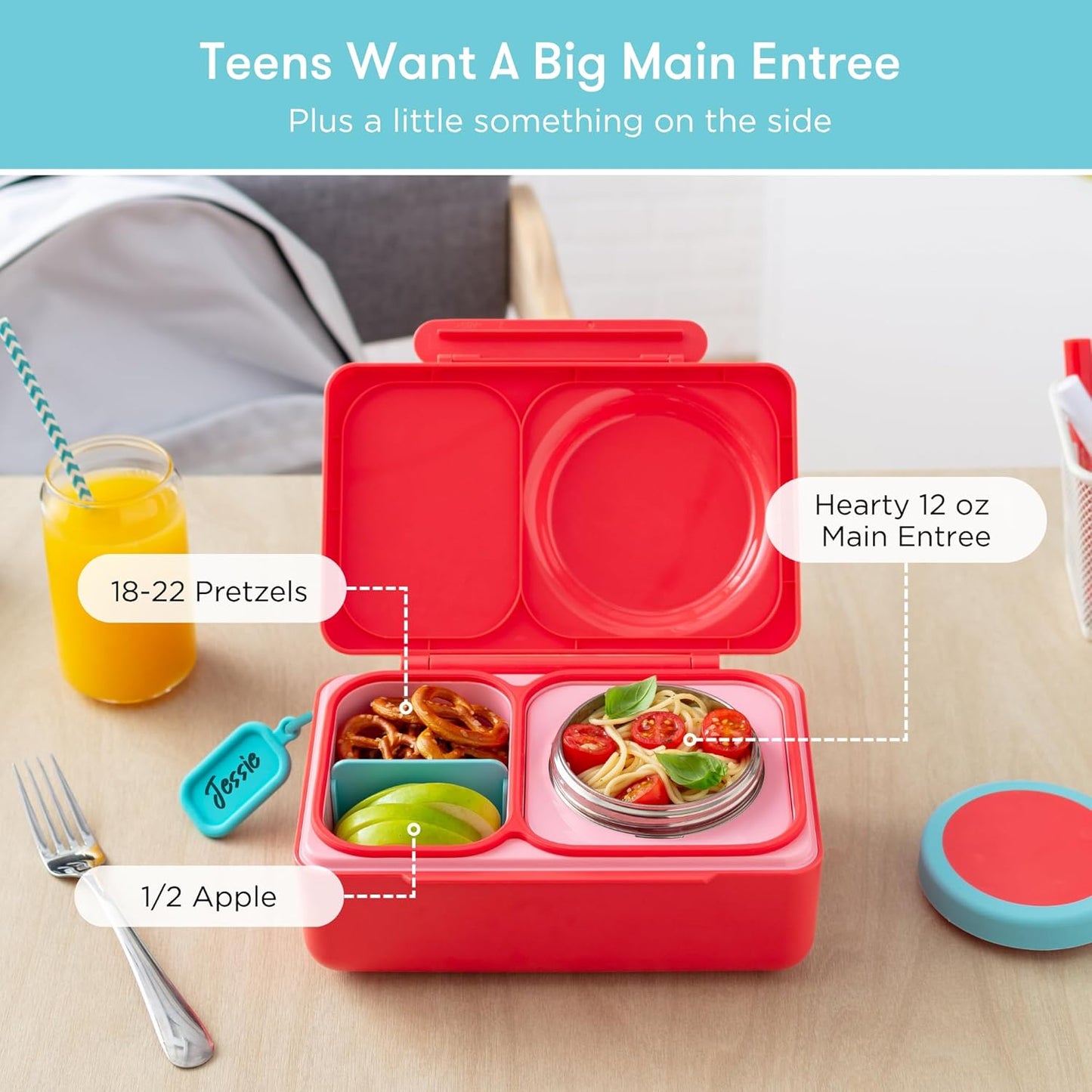 OmieBox UP bento box for kids | Insulated lunch box | Insulated food jar | Cooler ice pack | 2 Compartments (Cherry Pink)