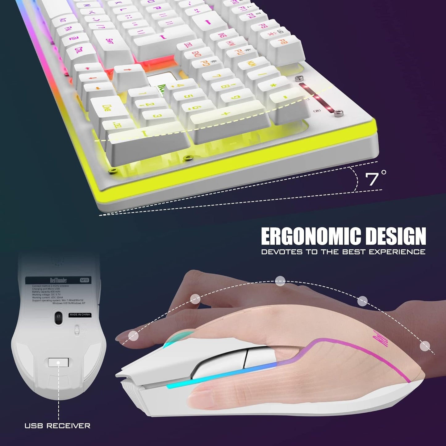RedThunder K10 Wireless Gaming Keyboard and Mouse Combo, LED Backlit Rechargeable 3800mAh Battery, Mechanical Feel Anti-ghosting Keyboard + 7D 3200DPI Mice for PC Gamer (Black)
