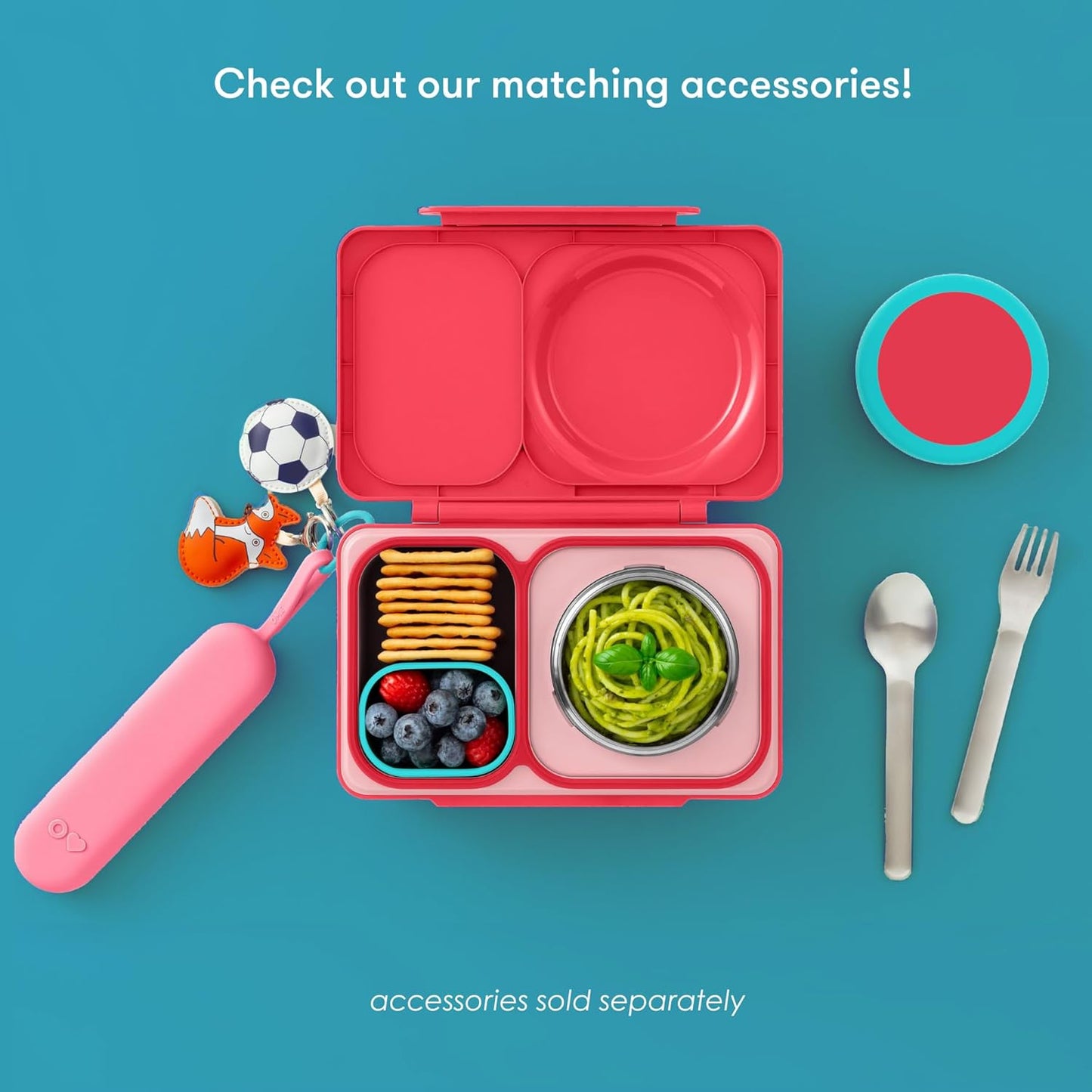 OmieBox UP bento box for kids | Insulated lunch box | Insulated food jar | Cooler ice pack | 2 Compartments (Cherry Pink)