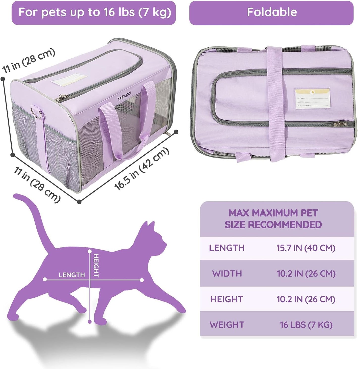 BELLA & PAL Cat Carrier Travel Bag, Airline Approved Lightweight Cat Carrier, Soft Sided Pet Carrier for Puppy Dogs Up to 18lbs, Collapsible Kitten Bag with Removable Waterproof Mat, Ventilated Mesh