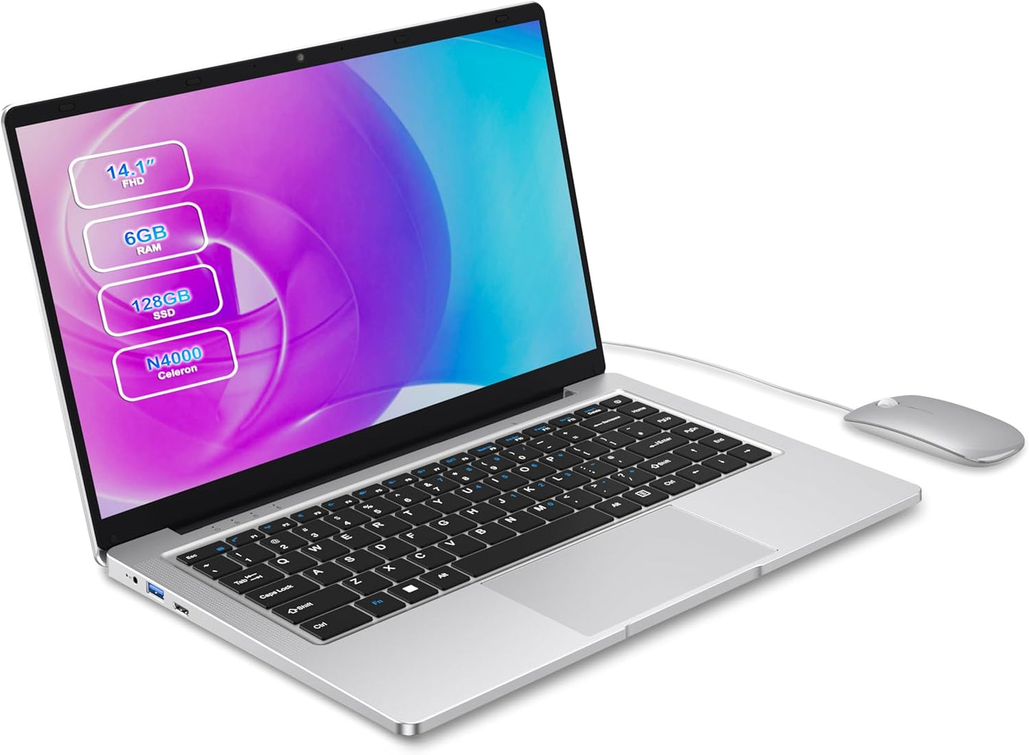 Laptop Computer 14.1 inch Laptop 6GB RAM 128GB SSD, Dual-Core Cerelon N4000 (up to 2.6GHz) Ordinateur-Portable Laptop PC, 2.4G/5G WiFi, BT 5.0, USB3.0, Mini HDMI, 3 Ports USB-C Hub
