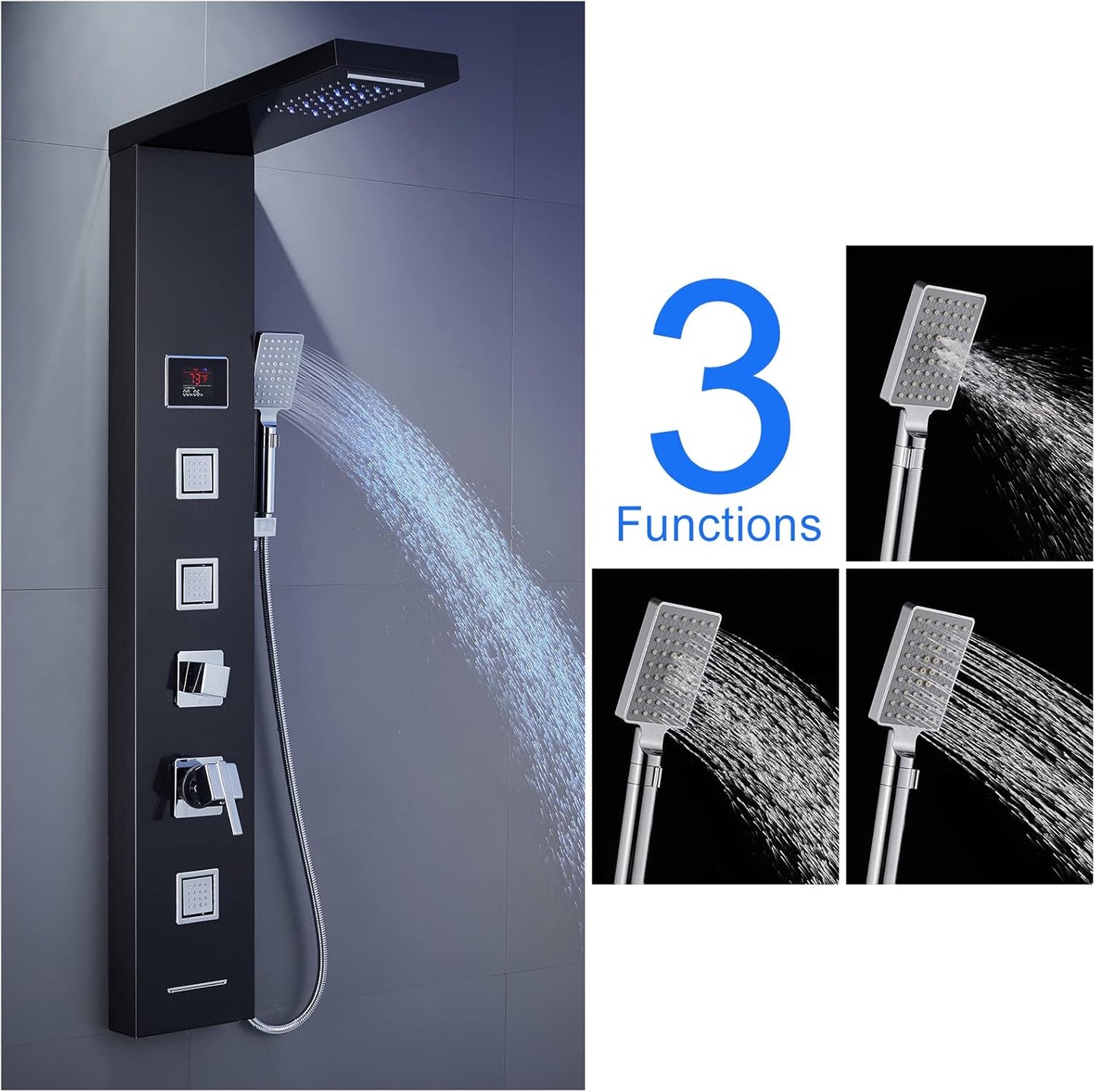 LED Shower Panel Tower System Black, MENATT 304 Stainless Steel 5-Function Shower Panel Rainfall Waterfall Shower Rain Massage System with Body Jets
