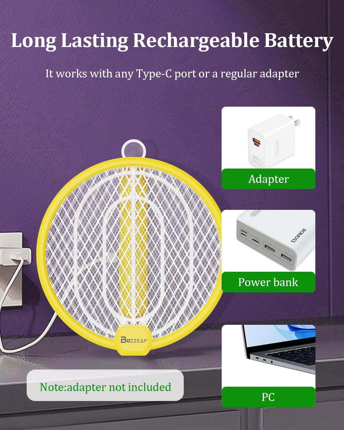 2 in 1 Electric Fly Swatter, 4000V Foldable Bug Zapper Racket, Rechargeable Mosquito Racket with UV Light Trap, Electronic fly zapper with 3 Layer Safety Mesh for Indoor and Outdoor, USB C, Dual Modes