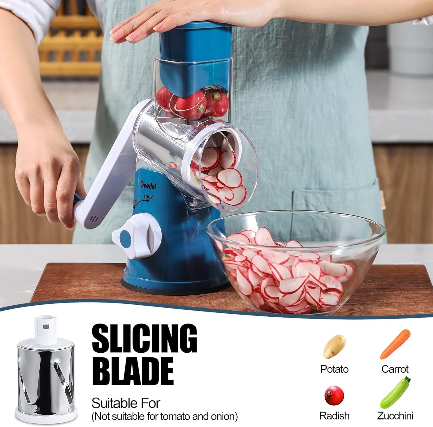 Geedel Kitchen Cheese Grater, Rotary Mandoline Vegetable Slicer with Interchangeable Blades, Easy to Use Rotary Grater Slicer for Fruit, Vegetables, Nuts