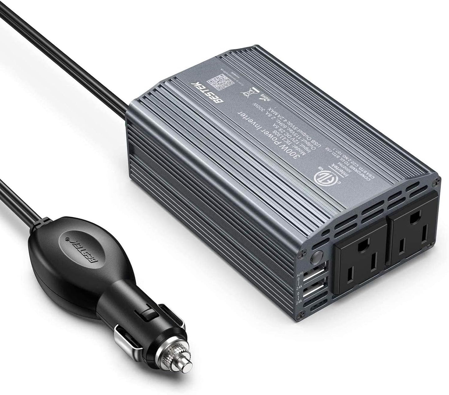 BESTEK Power Inverter DC 12V to AC 110V - 300W Car Plug Adapter Outlet with 4.8A Dual USB Fast Charging Port - Car Charger Cigarette Lighter Adapter for Phone, Laptop on Road Trip - Aluminum Housing