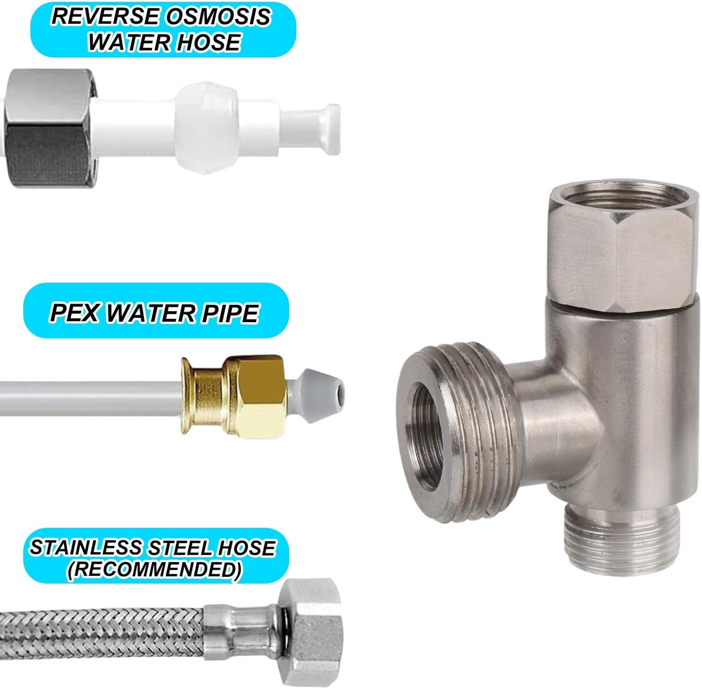 3/8" Bidet T-Valve Adapter, Stainless Steel 3/8" x 1/2" T-Valve with Gasket & PTFE Tape for Toilet Water Tank Connector Replacement Parts Attachments Accessories