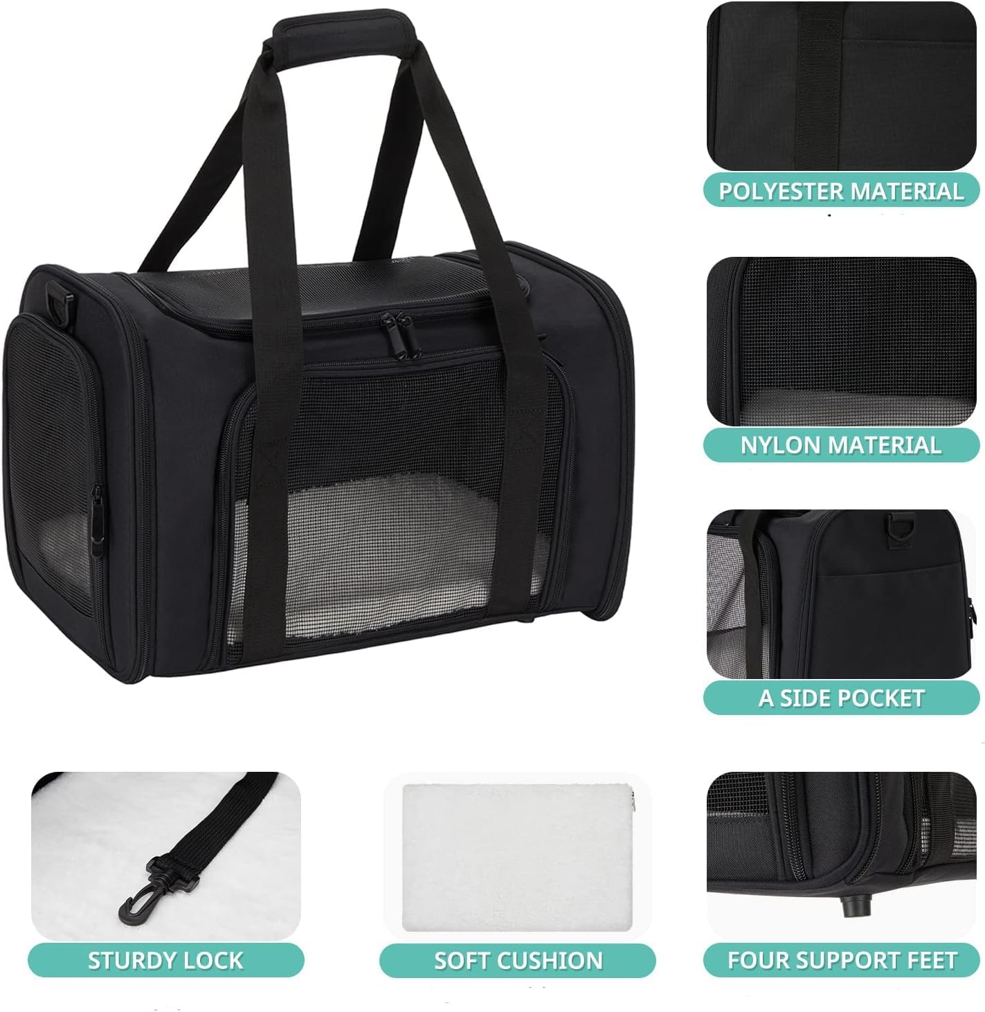 ORYEDA Cat Carrier Bag, Dog Travel Carriers, Airline Approved Soft-Sided Pet Carrier for Small Medium Cats and Small Dogs, Portable Carrier with 4 Open Doors and 3 Mesh Windows, Grey, Collapsible